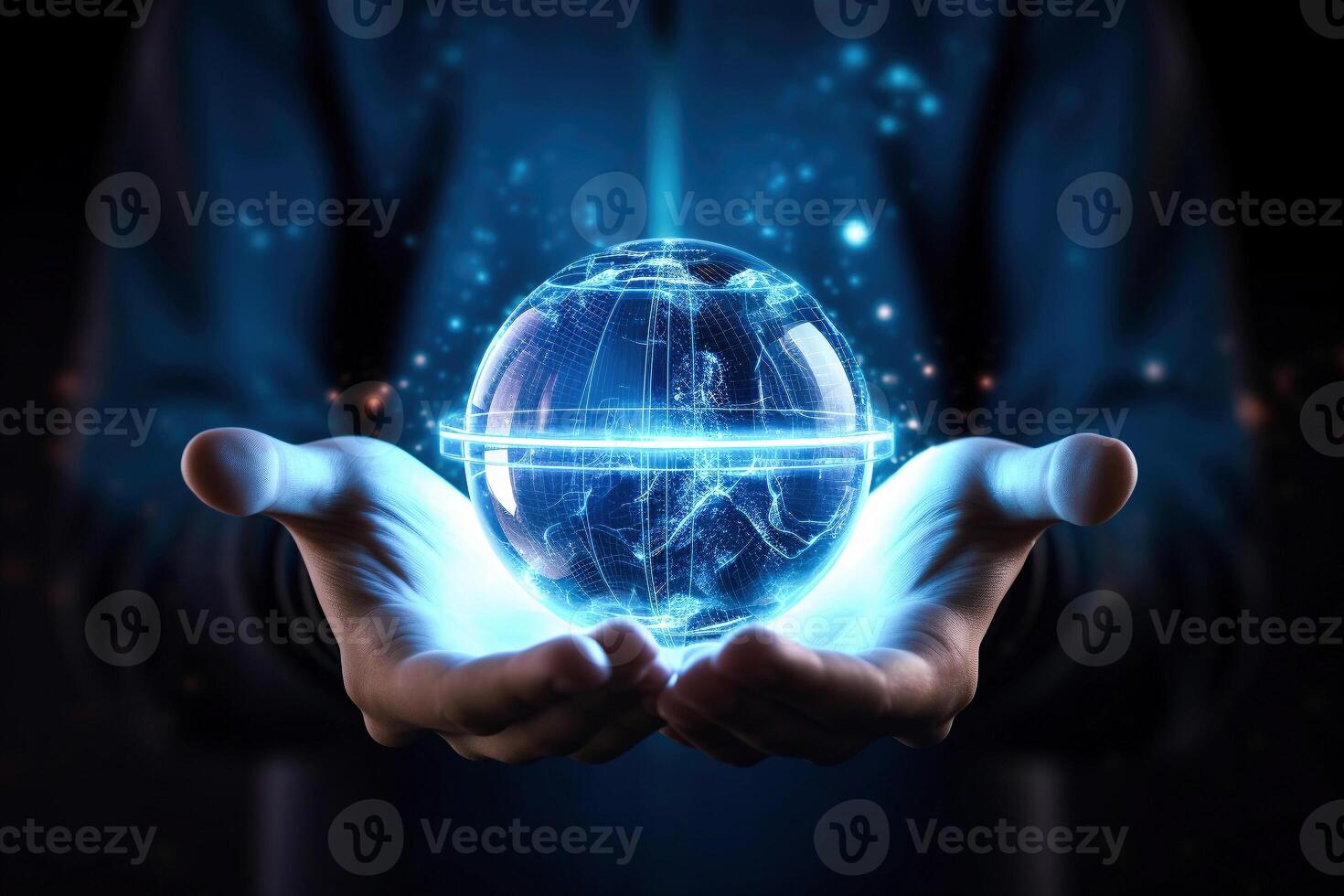 . Hands holding hologram sphere. photo