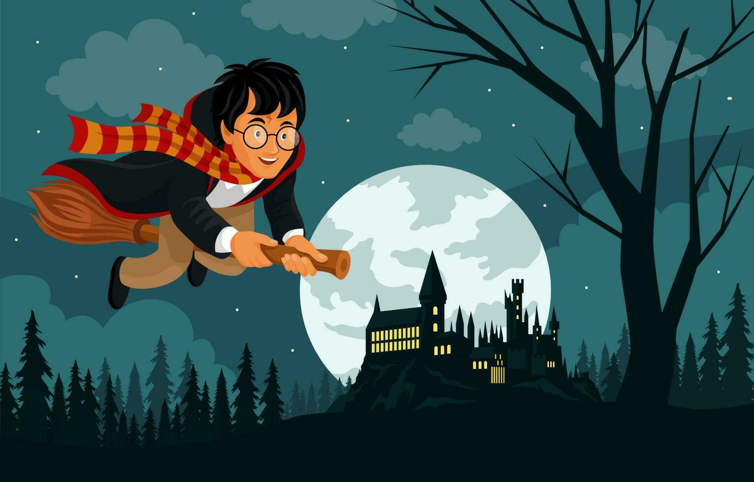 Young Wizard Flying on a Broom Background vector