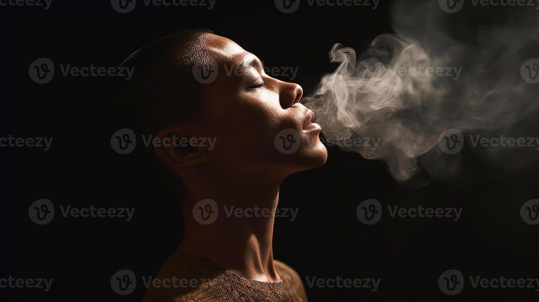 Dark-skinned man inhaling air, smoke, portrait in profile. black studio background. photo