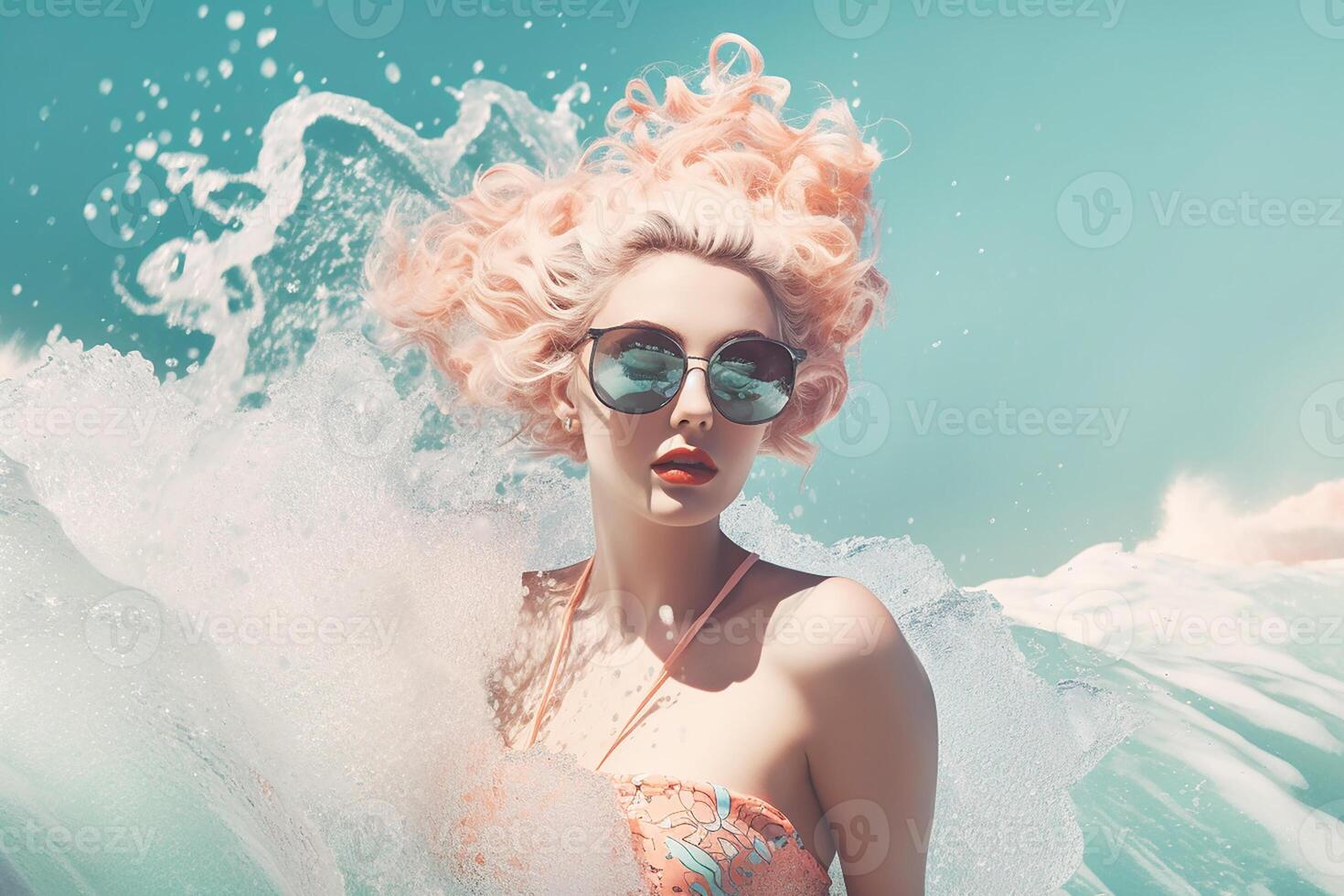 Young fashionable girl surrounded by waves in the sea, art. photo