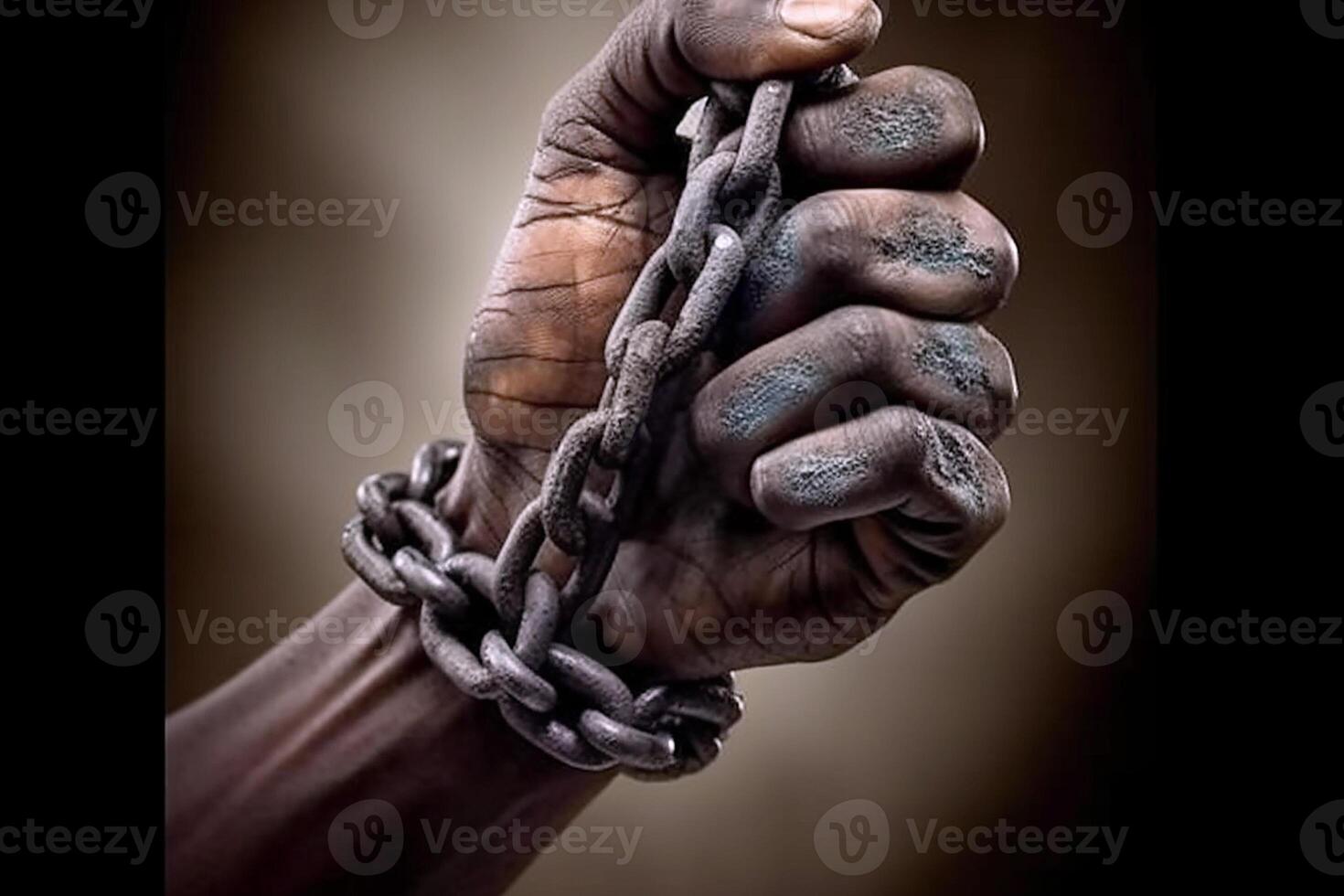A black man's hand wrapped in a chain. Slavery. photo