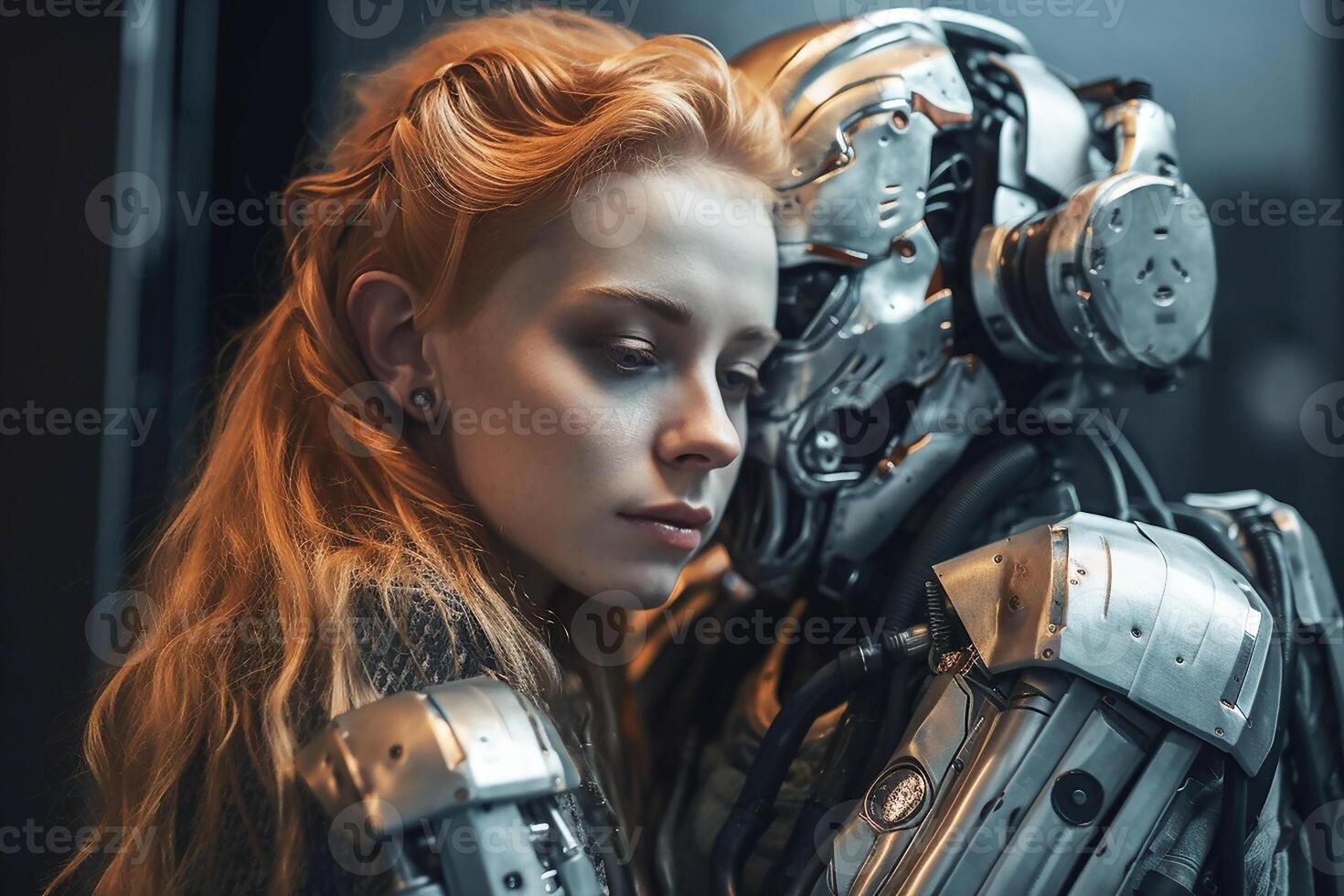 A young attractive girl in an embrace with a robot. photo