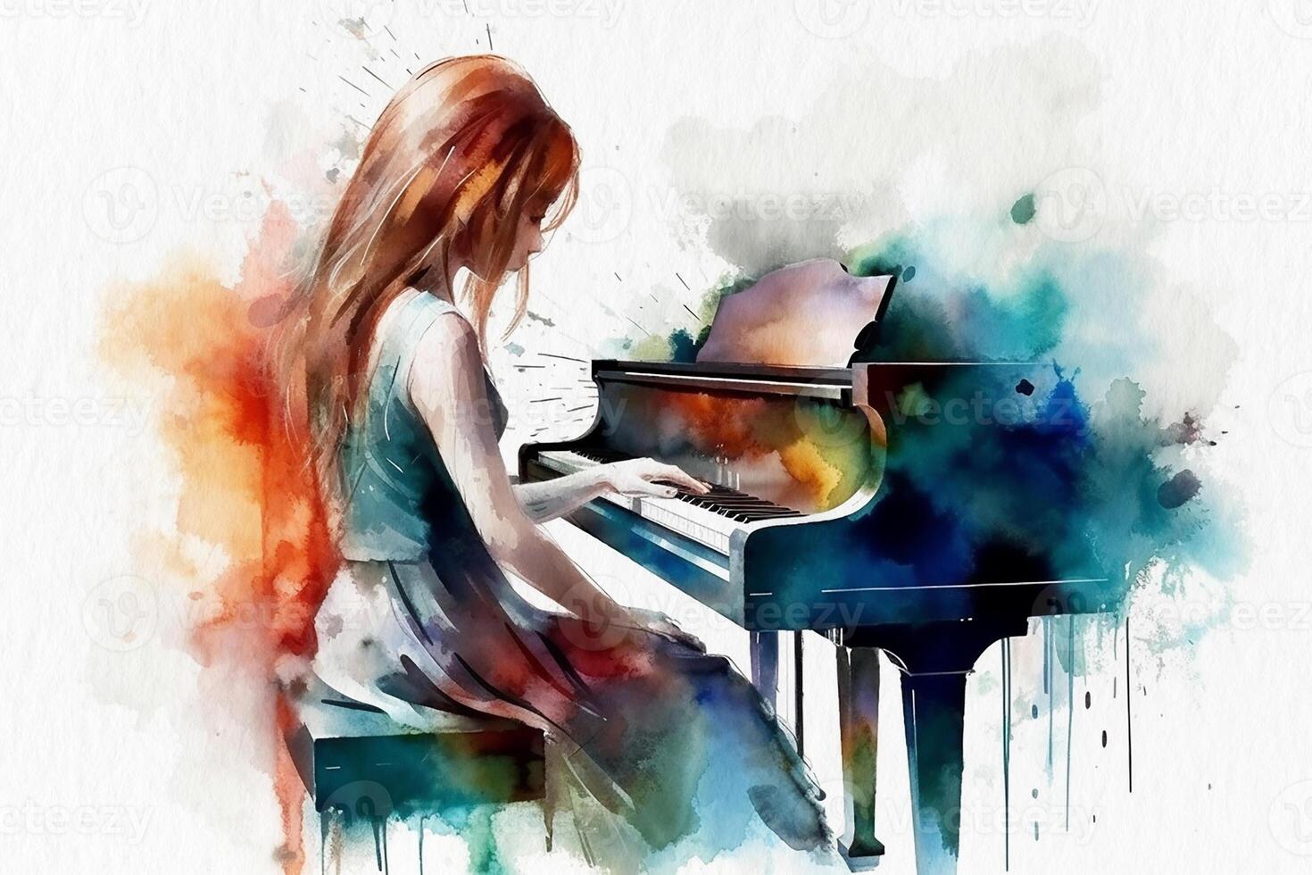 Girl playing the piano, a watercolor painting on textured paper. Digital watercolor painting. photo