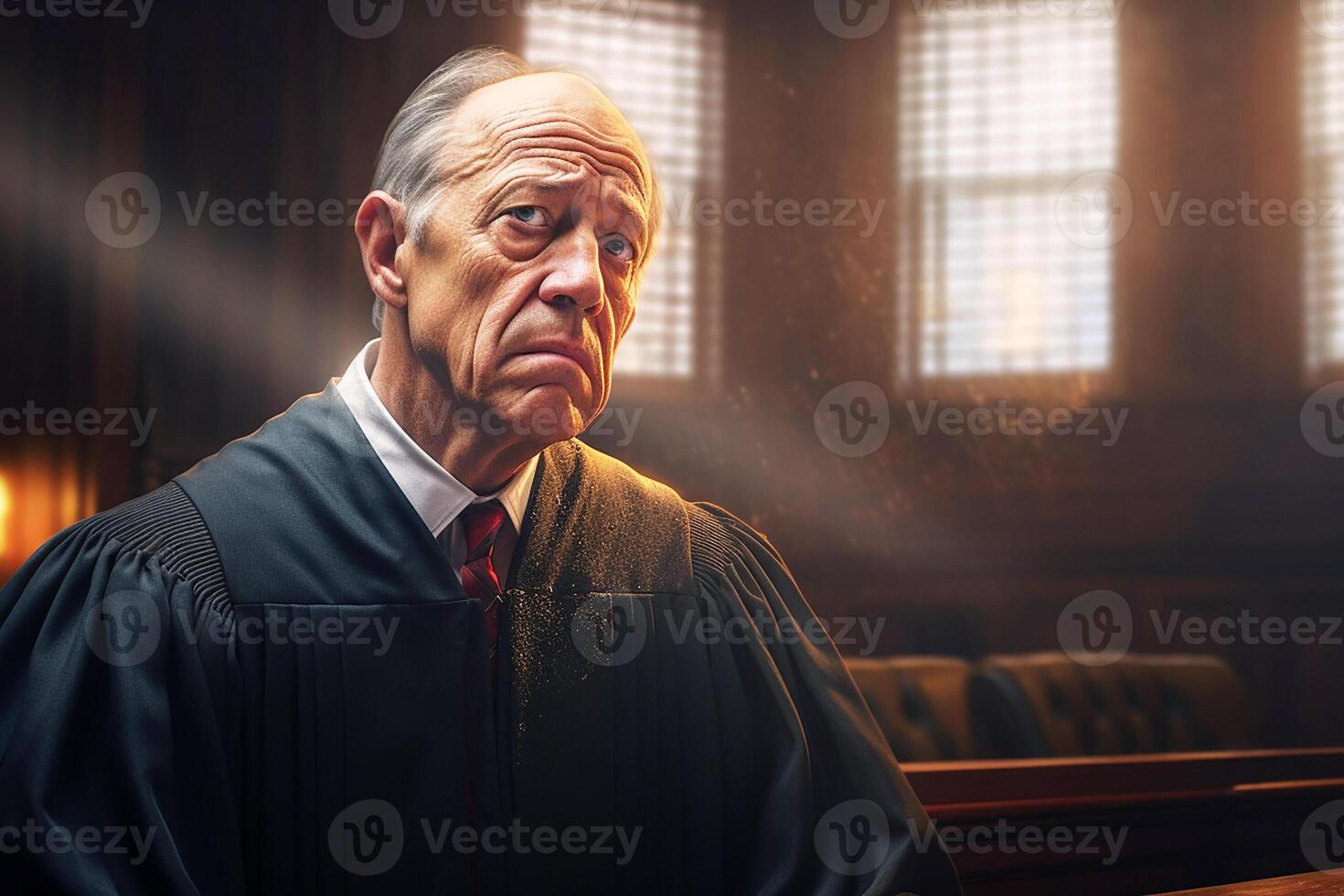 An elderly judge handing down a trumped-up verdict in the courtroom. photo