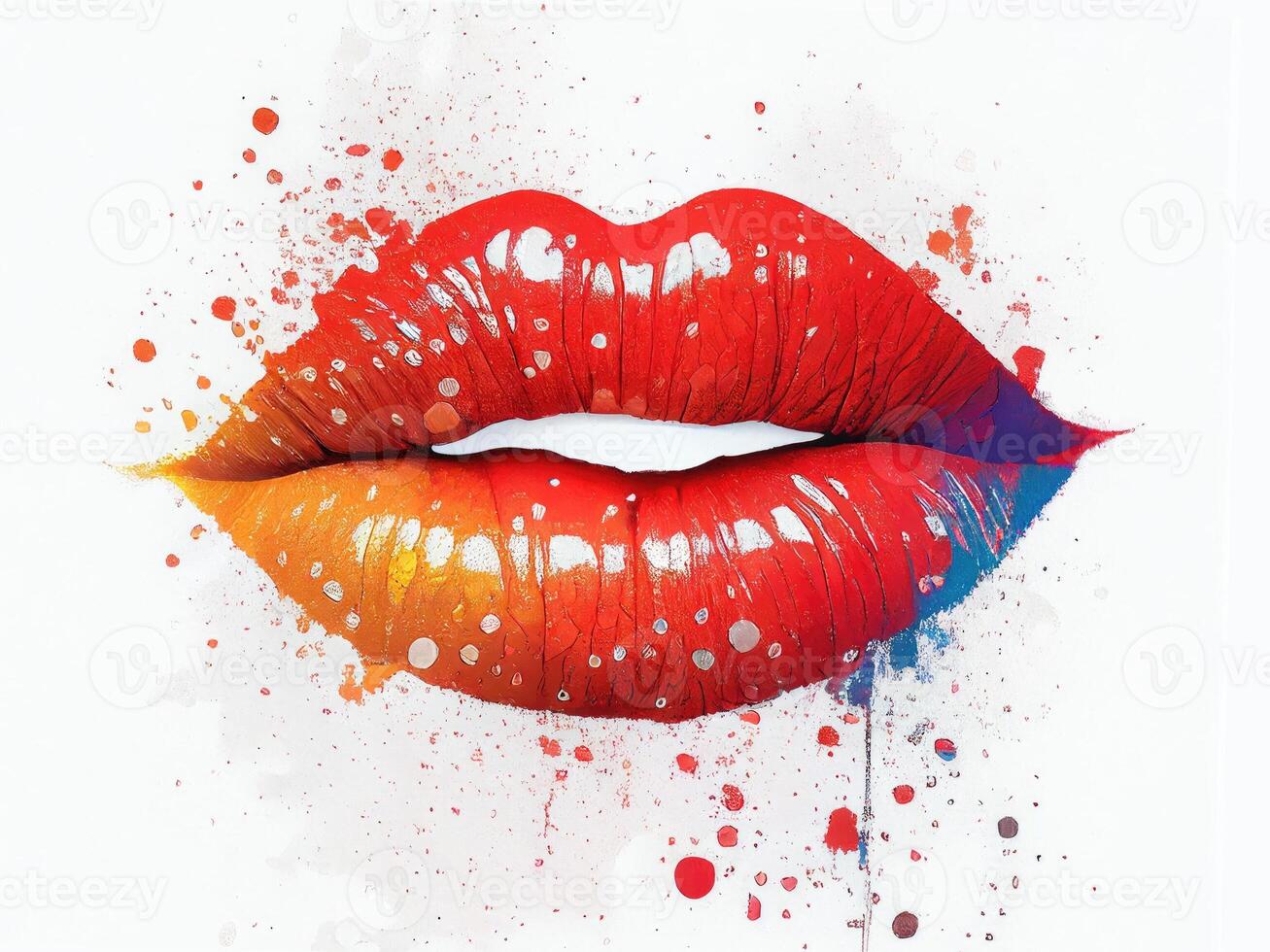 Red female lips watercolor sketch on white isolated background. photo