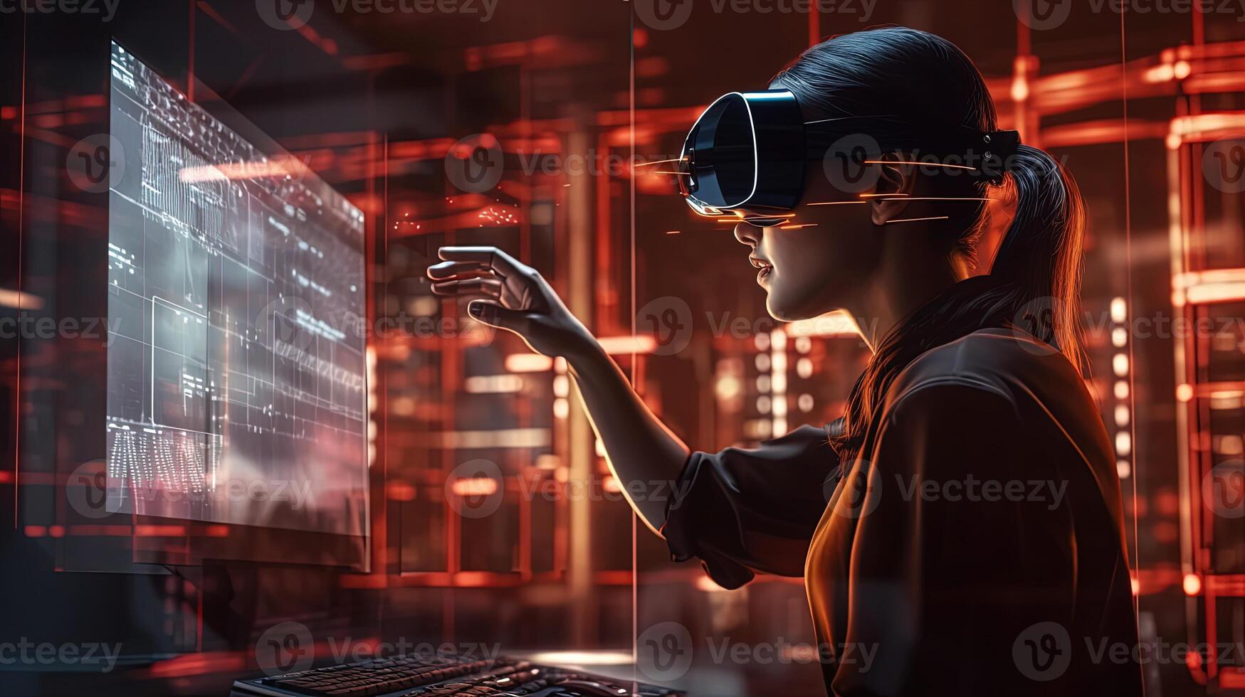 Young Woman Using Advanced Technology as a VR Headset for Intelligent Automation and Smart Manufacturing, Emerging Technologies for the Future of Industry and Business, . photo
