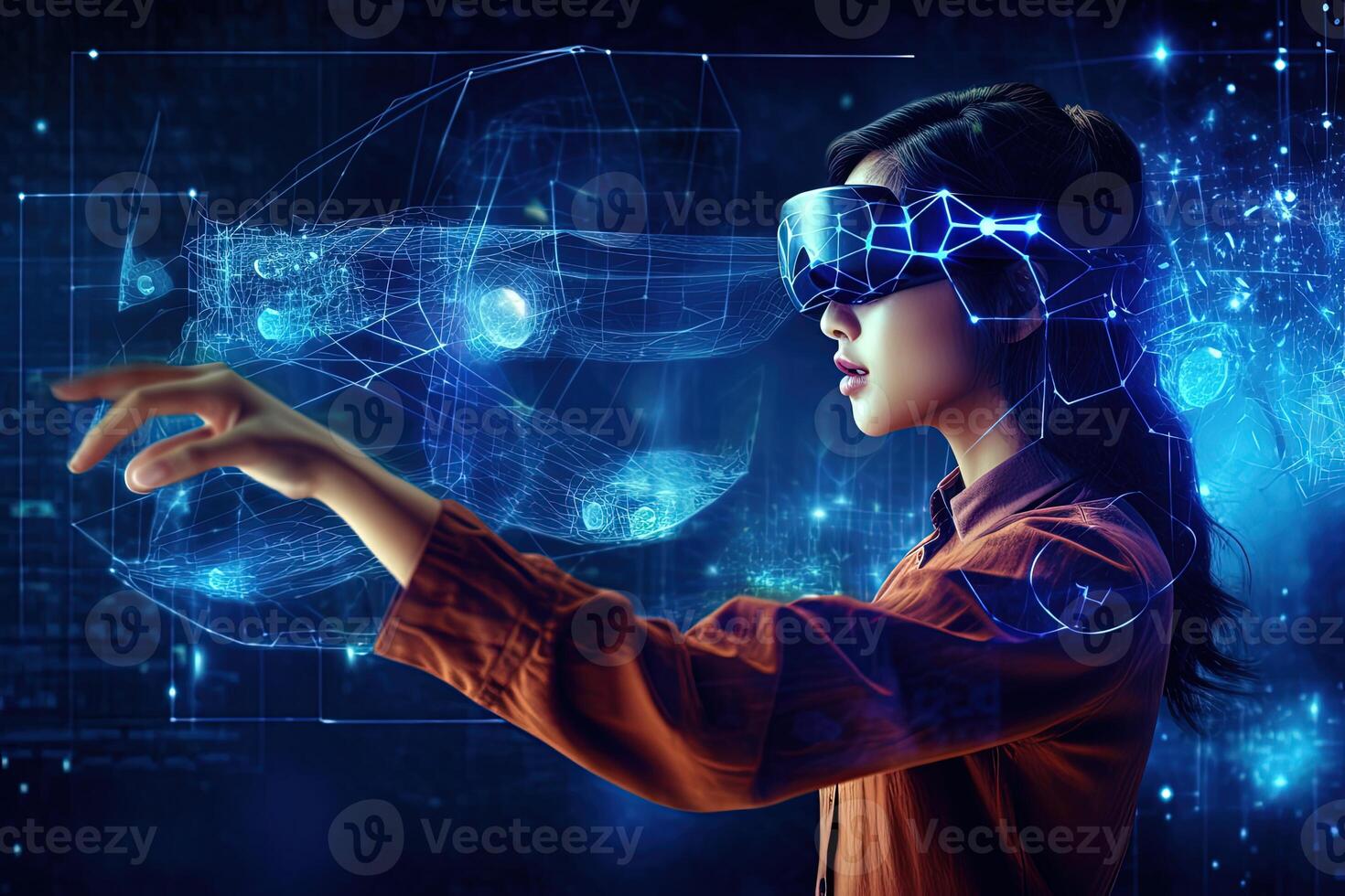 Young Woman Using Advanced Technology as a VR Headset for Intelligent Automation and Smart Manufacturing, Emerging Technologies for the Future of Industry and Business, . photo