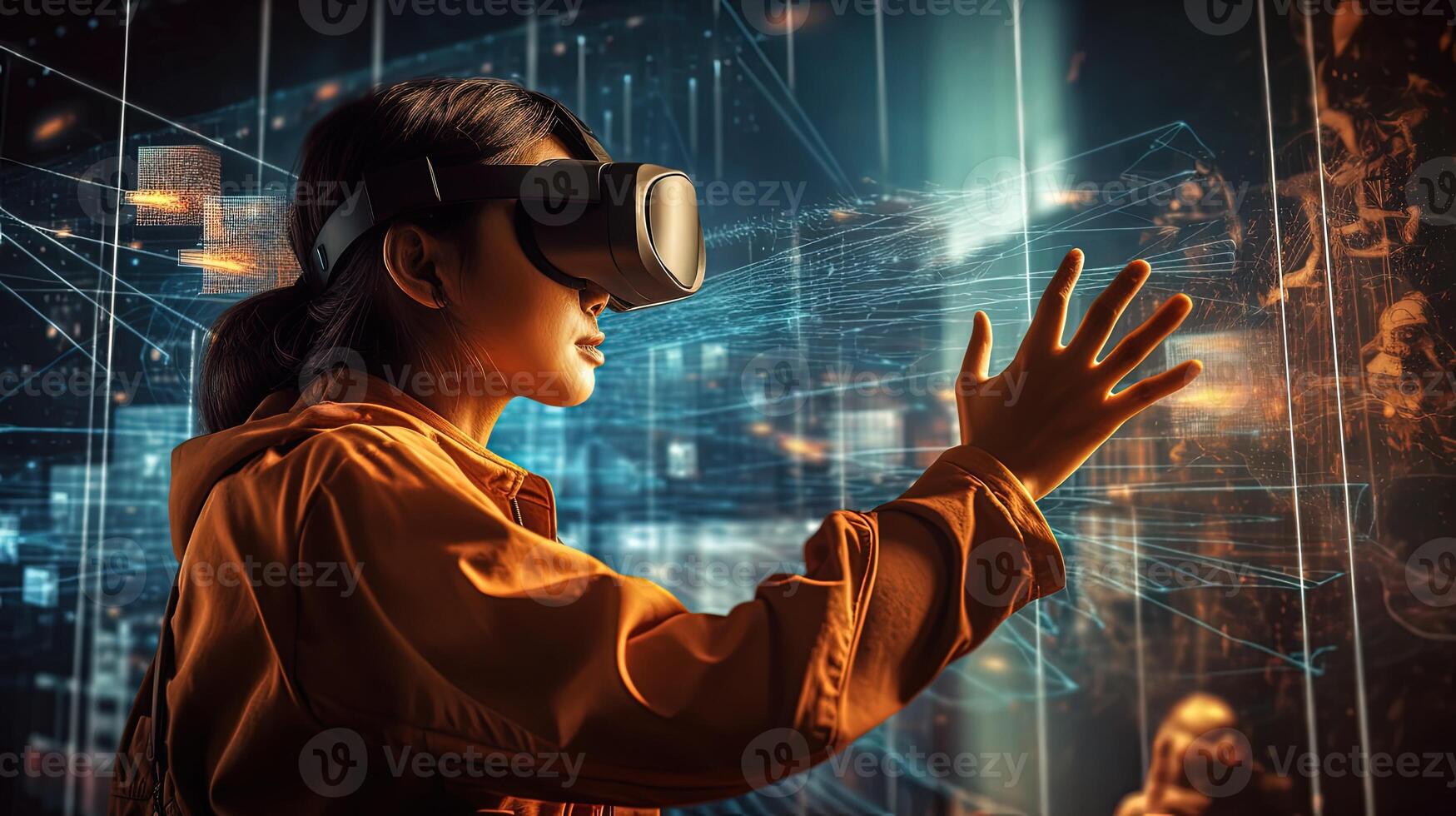 Young Woman Using Advanced Technology as a VR Headset for Intelligent Automation and Smart Manufacturing, Emerging Technologies for the Future of Industry and Business, . photo