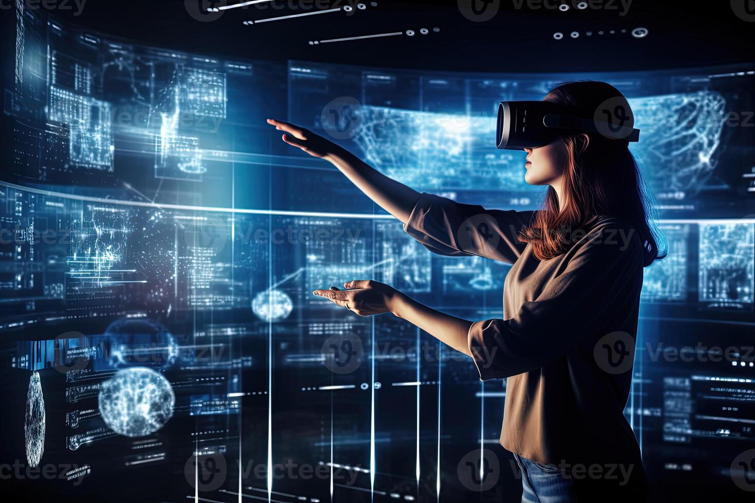 Young Woman Using Advanced Technology as a VR Headset for Intelligent Automation and Smart Manufacturing, Emerging Technologies for the Future of Industry and Business, . photo