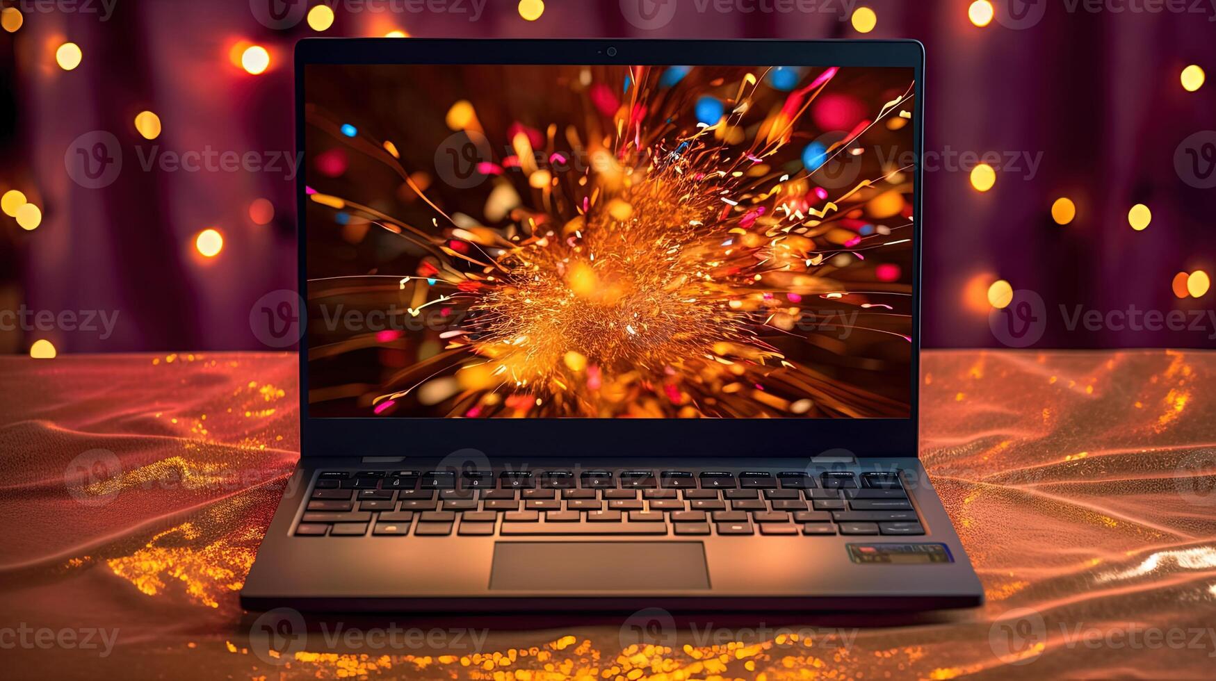 Stunning Photo of Laptop or Notebook Computer with Confetti Explosion on the Screen Over Crumpled Fabric, Celebration Background. Technology.