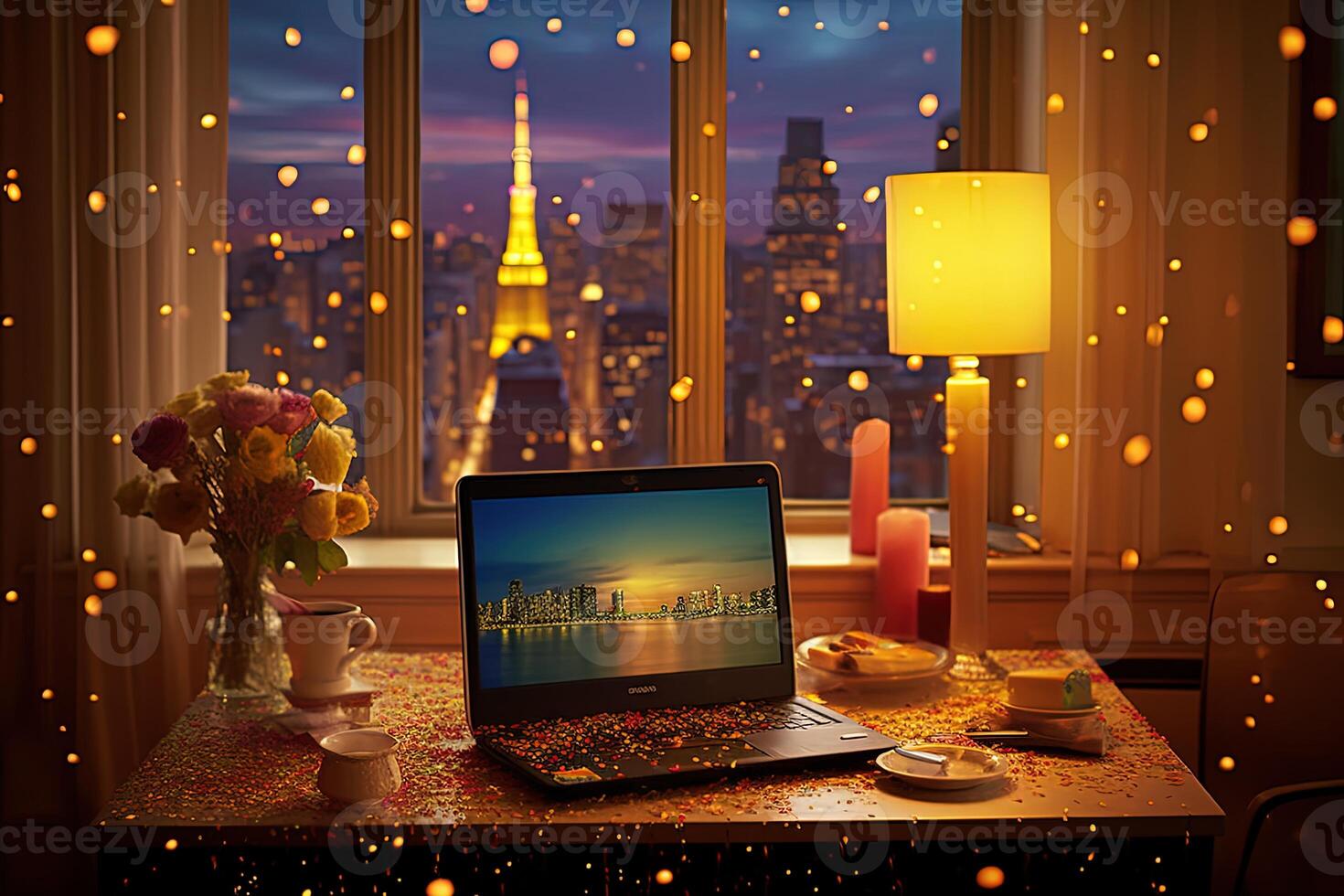 Stunning Photography of Laptop Near Table Lamp, Roses Vase on Desk and Lights Effect Interior Background. Technology. photo