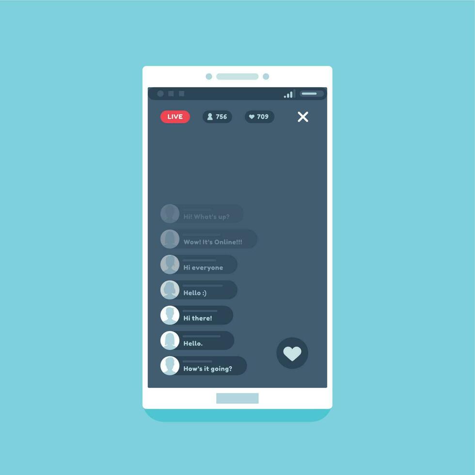 Live video stream on phone. Online videos stories streaming on smartphone screen, chat comments living streams UI vector illustration