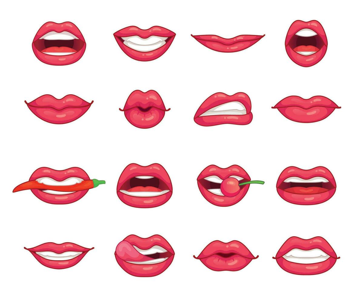 Lips collection. Beautiful girl smiling, kissing, biting pepper, cherry and lip with lipstick. Cartoon beauty kiss isolated vector set