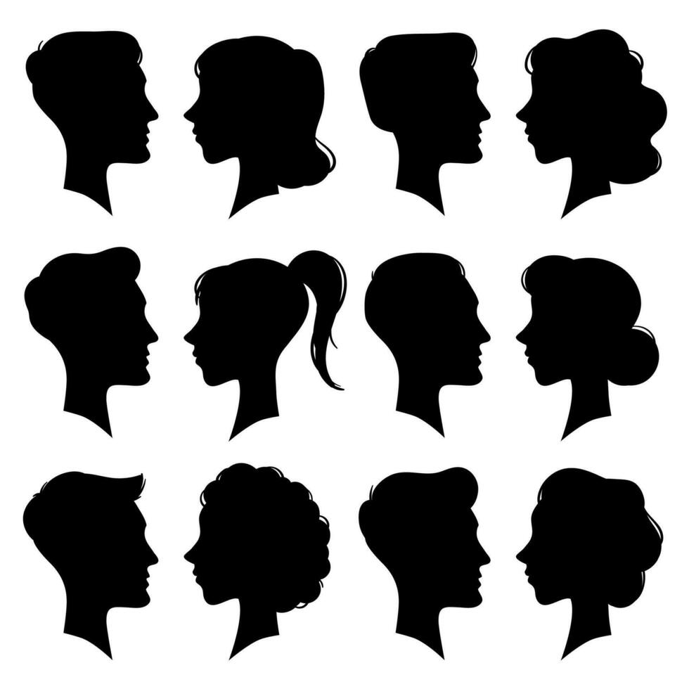 hembra y masculino caras siluetas en Clásico camafeo estilo. retro mujer y hombre cara perfil retrato silueta. personas vector íconos