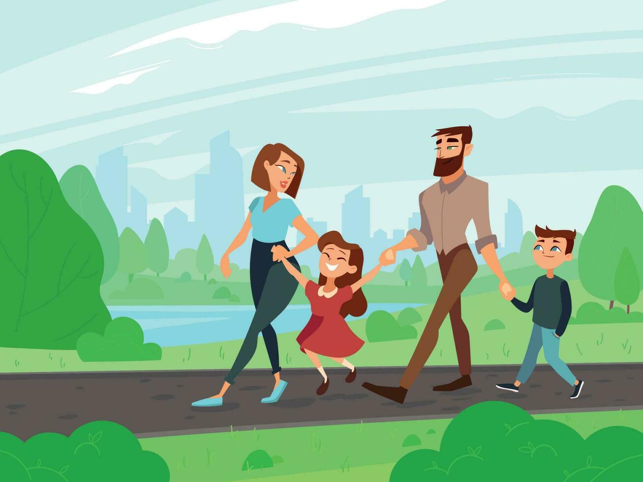 Happy cartoon father, mother, brother and sister at summer park. Young couple with kids walks outdoor, family lifestyle vector illustration