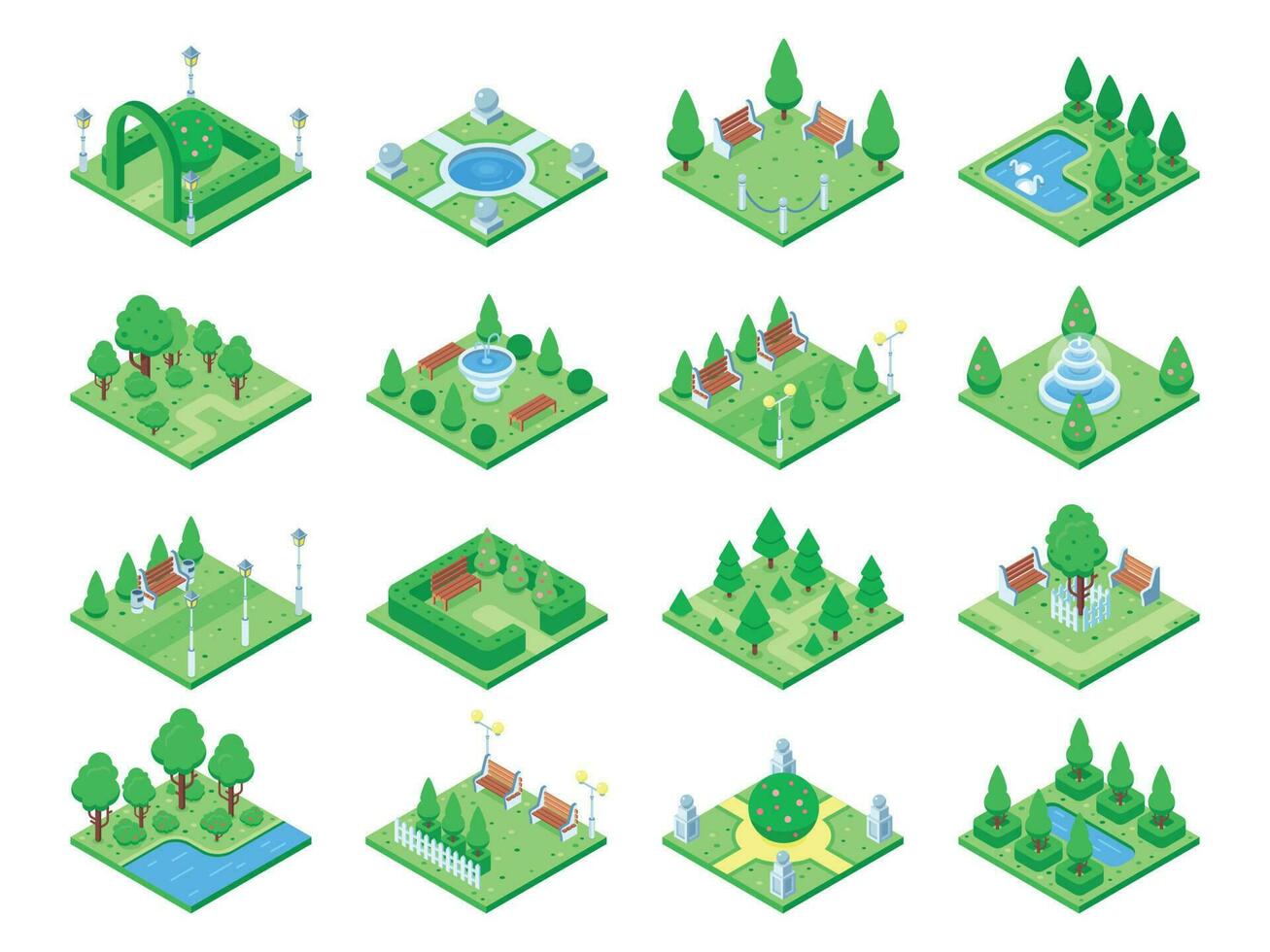 naturaleza bosque elementos, plantas símbolo y verde arboles para ciudad 3d isométrica juego mapa. aislado parque árbol vector íconos conjunto