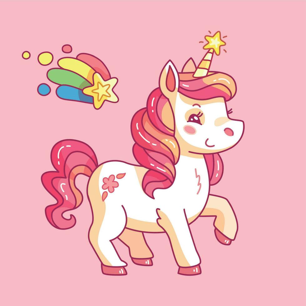 linda hada unicornio. dibujos animados arco iris poni. gracioso caballo de niña rosado vector antecedentes