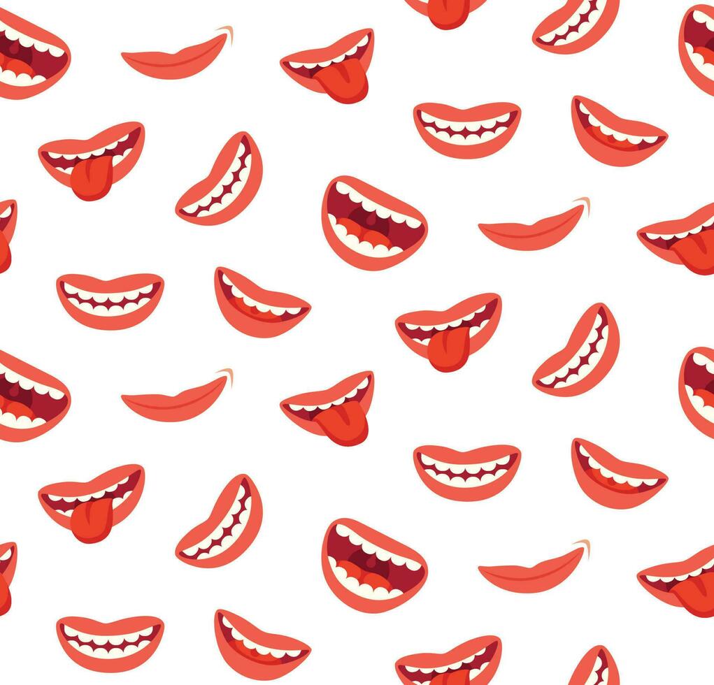 Cartoon smiling lips seamless pattern. Laughing mouth with tongue. Funny joyful vector texture