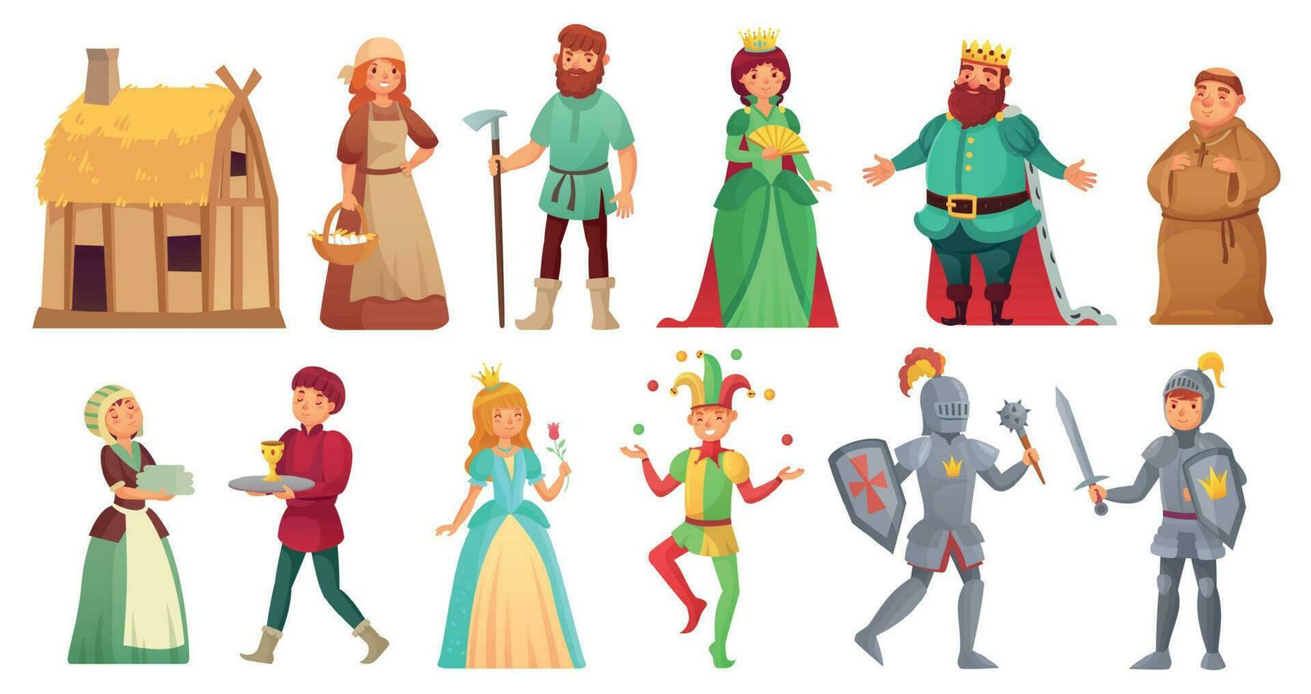 medieval histórico caracteres. histórico real Corte alcázar caballeros, medieval campesino y Rey aislado dibujos animados vector personaje