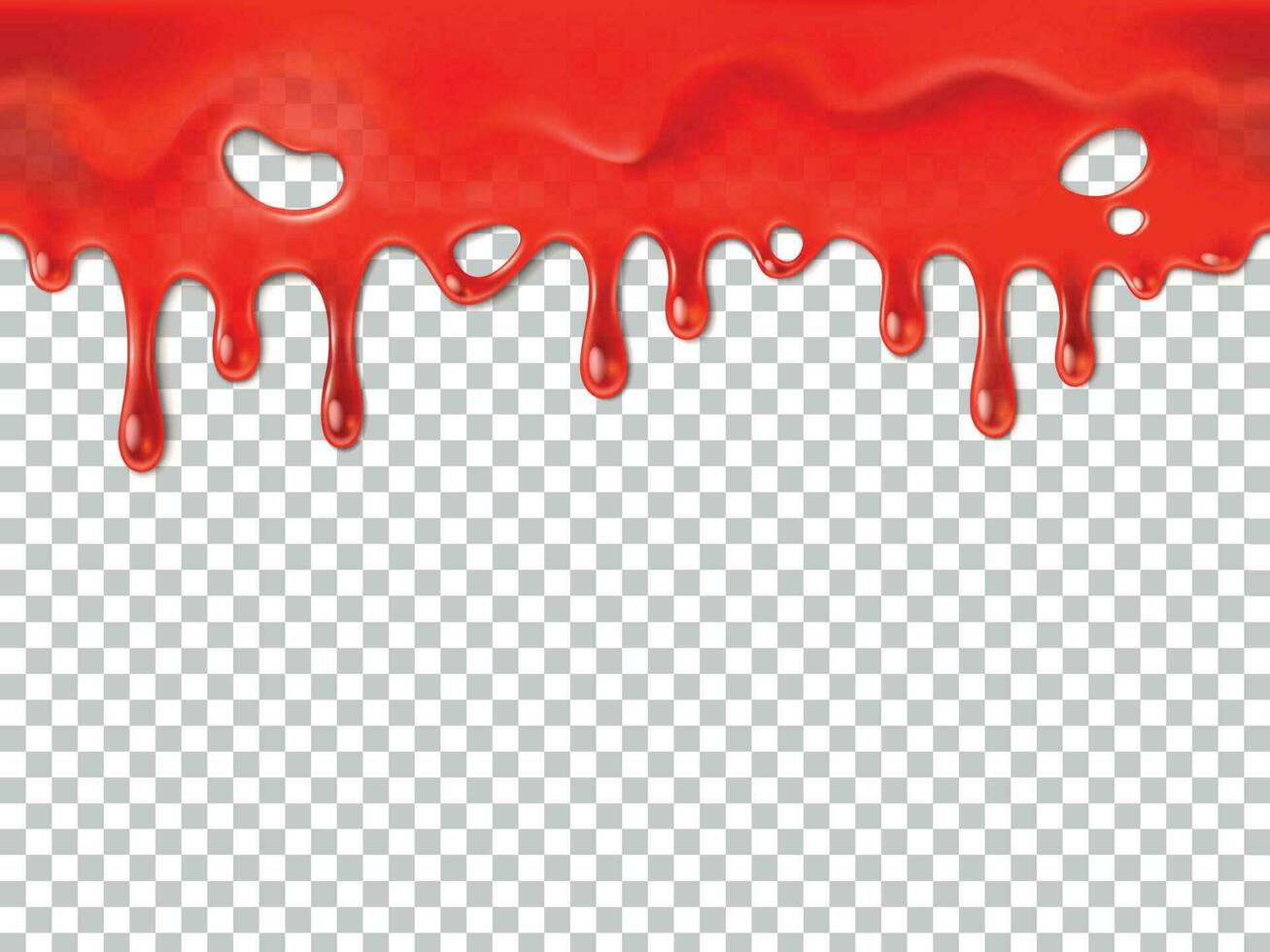 Seamless dripping blood. Halloween red bleed stain, bleeding bloody drips or ketchup drip drop realistic 3D vector illustration