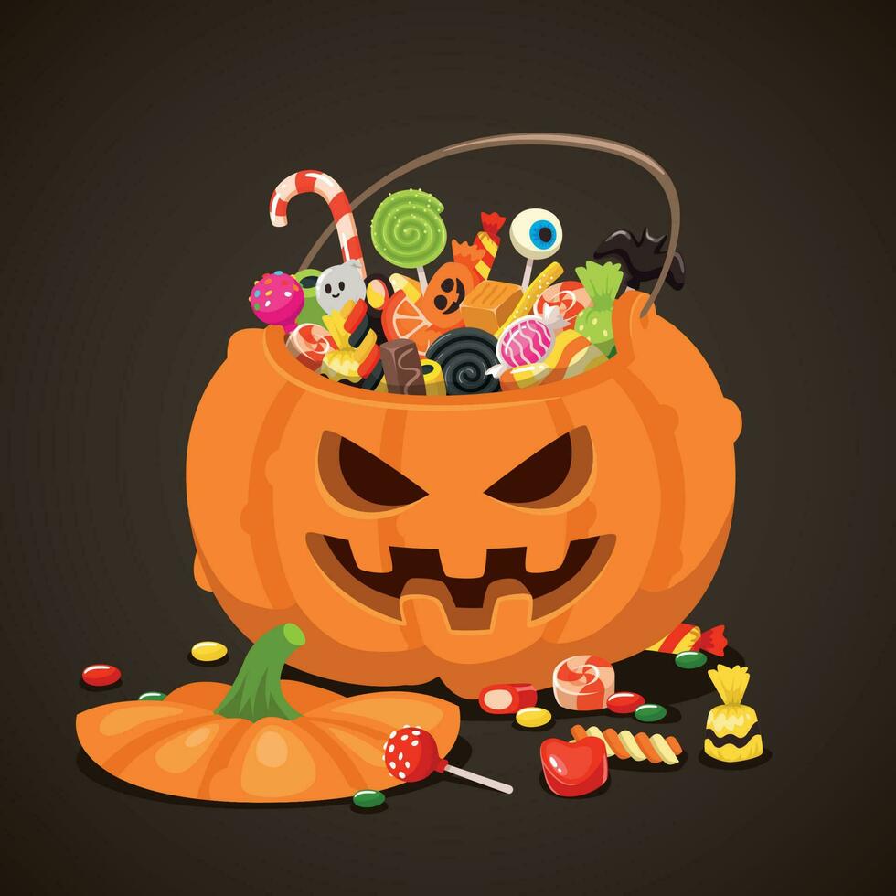 Víspera de Todos los Santos golosinas en calabaza bolsa. dulce pirulí caramelo para niños. truco o tratar, aislado niños dulces vector ilustración