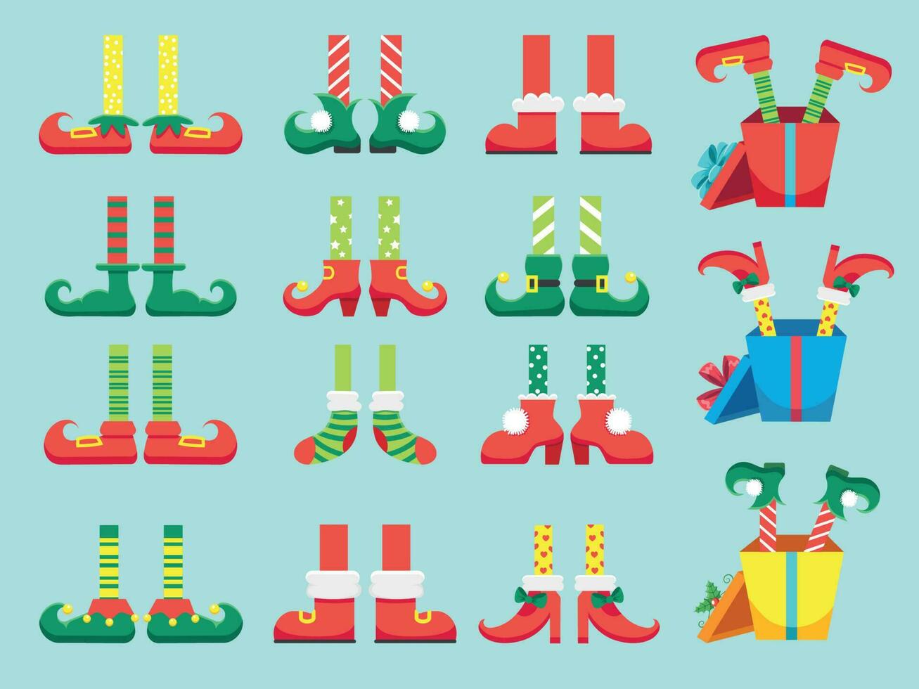Navidad duende pies. Zapatos para elfos pie, Papa Noel claus ayudantes enano pierna en pantalones. Navidad presente y regalos aislado vector conjunto