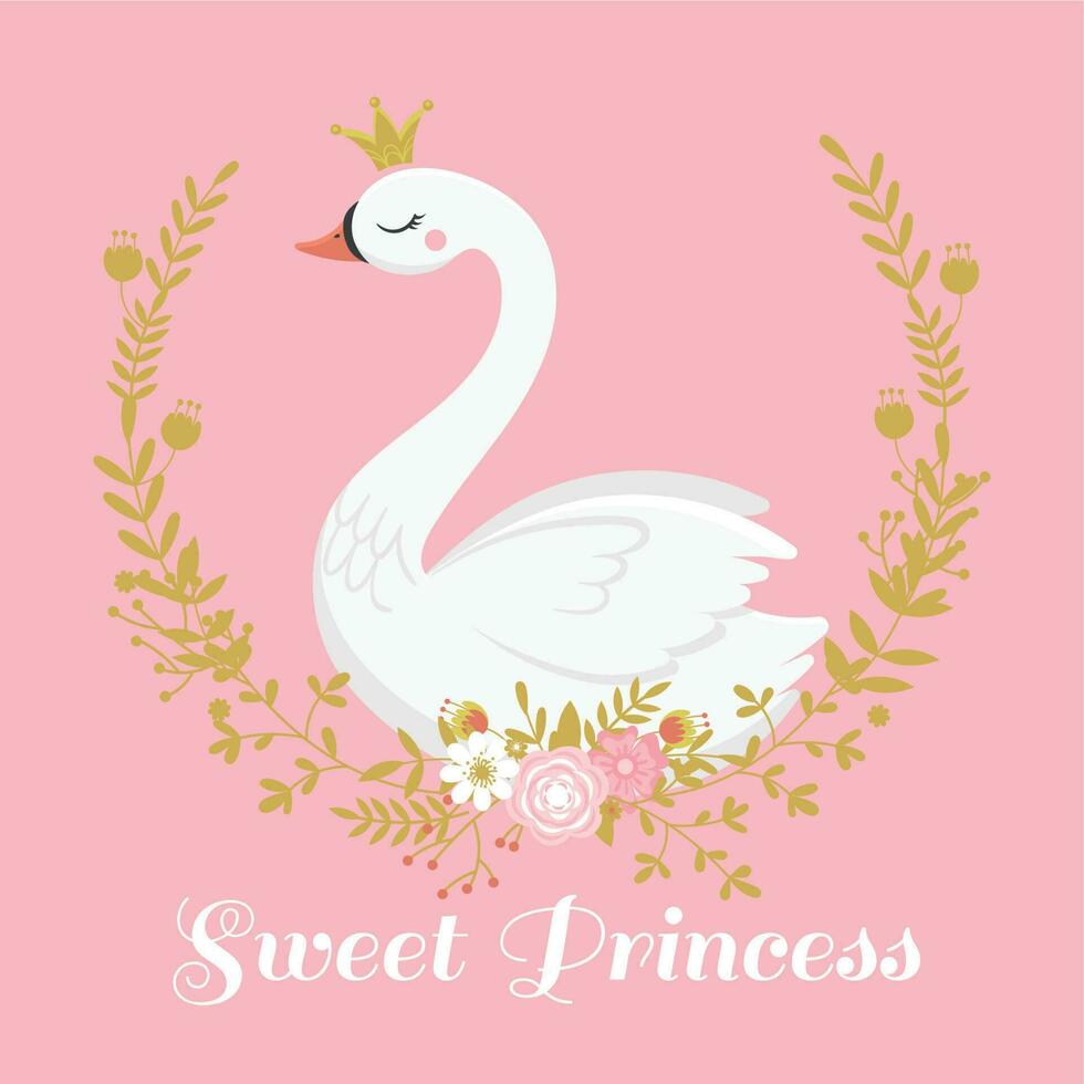 Cute swan princess. Beautiful lake swans bird in golden crown, sweet princess girl gift card vector illustration
