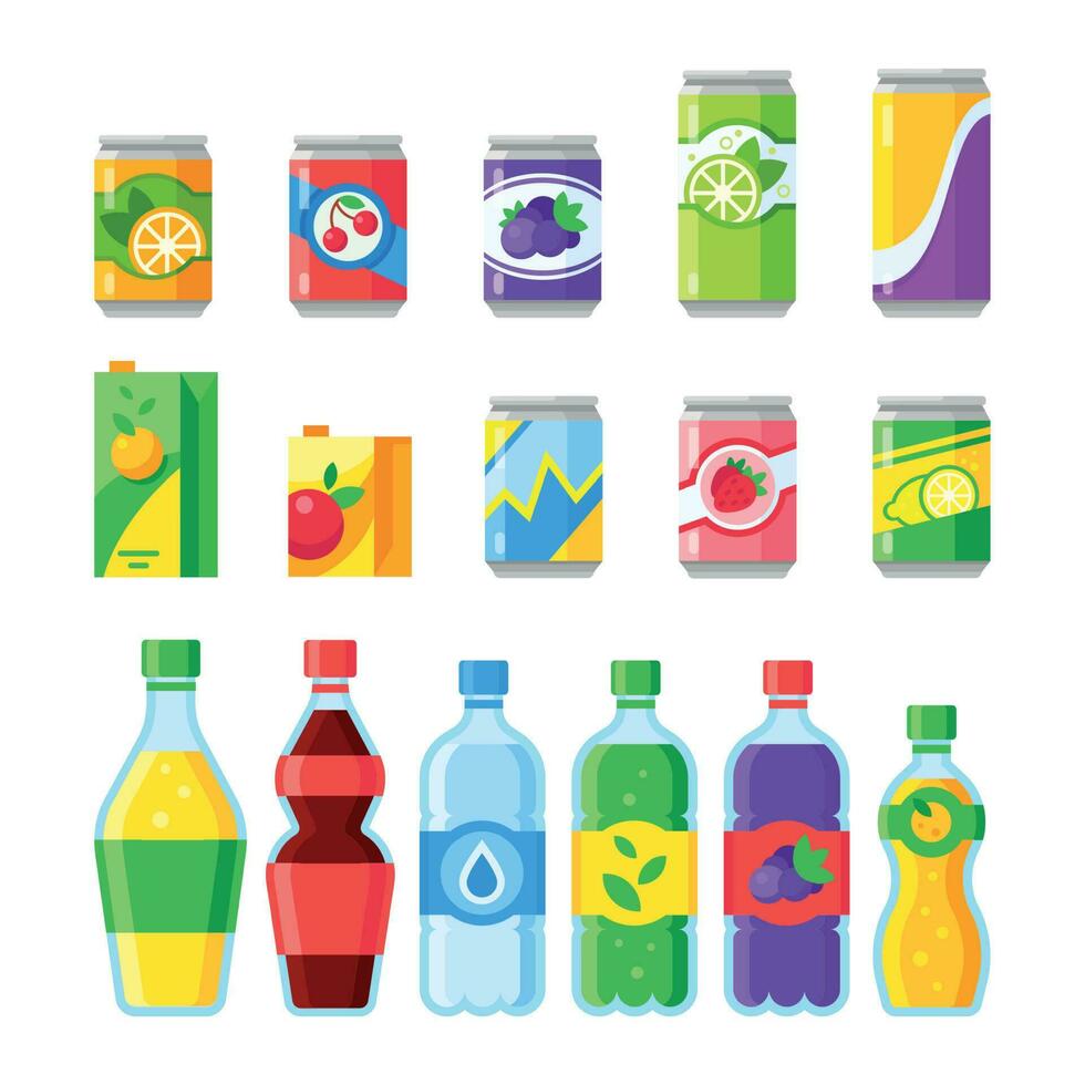 Drink beverages. Cold energy or fizzy soda beverage, sparkling water and fruit juice in glass bottles. Drinks vector icons