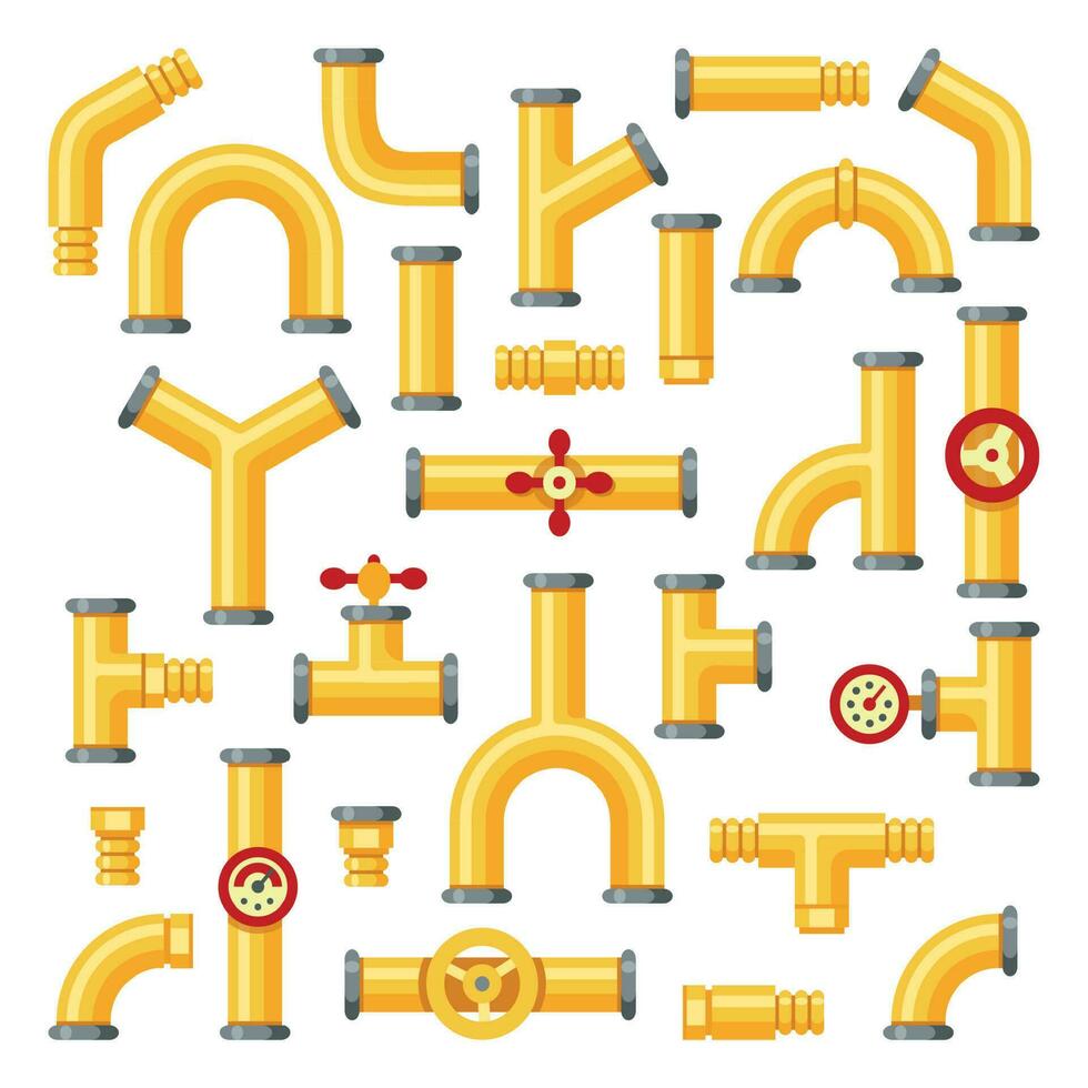 gas tubería. industrial amarillo tubería, tubo construcción con válvulas y oleoductos aislado elementos vector conjunto