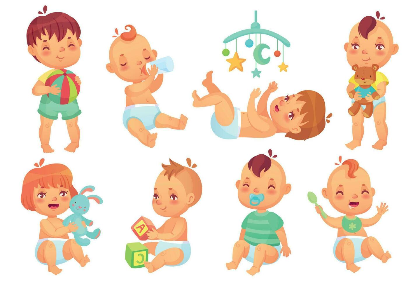 Smiling cartoon baby. Happy cute little kids playing with toys, small infant with pacifier and newborn children isolated vector set