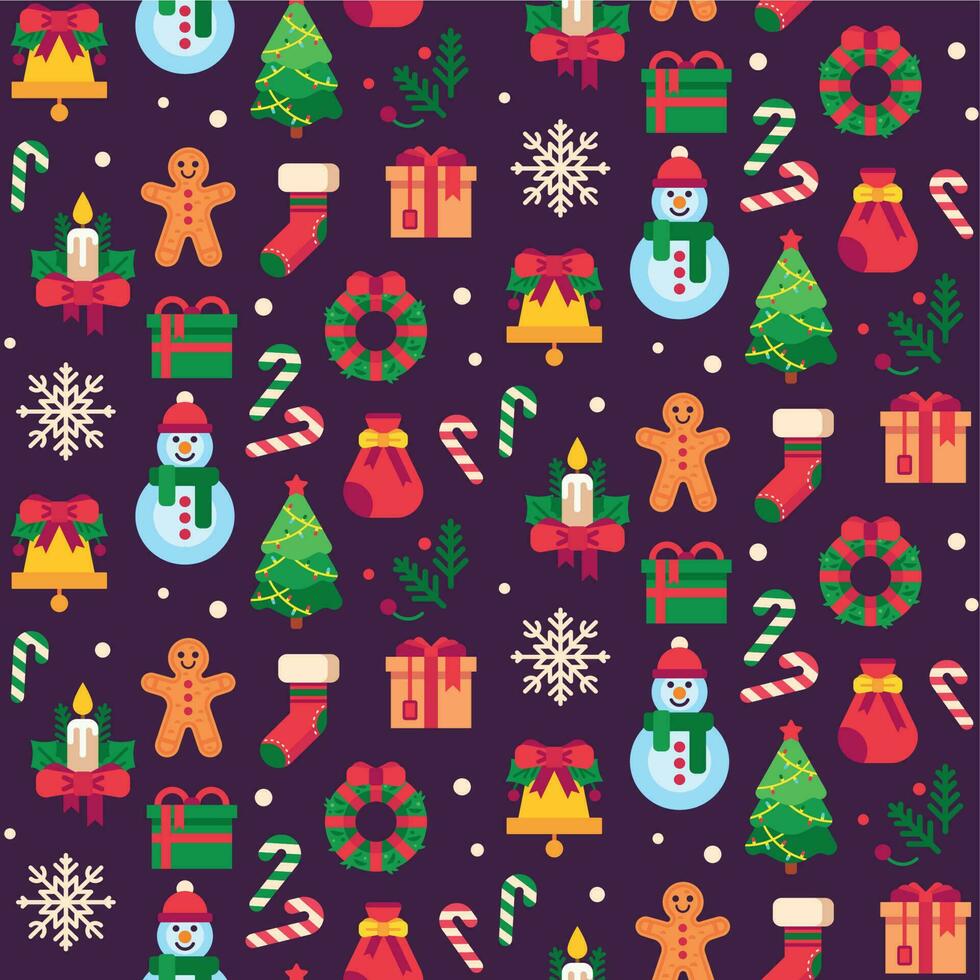 Seamless christmas symbols. Xmas green tree, gift toys or holidays sweets and traditional gingerbread man pattern vector background