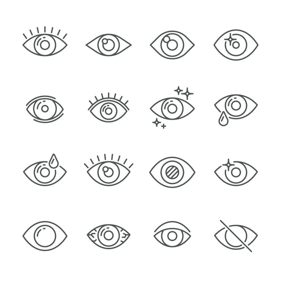 Black pictogram of eyesight or looking eye line icons. Eyeball, watch and eyes with ophthalmic lenses outline vector icon collection