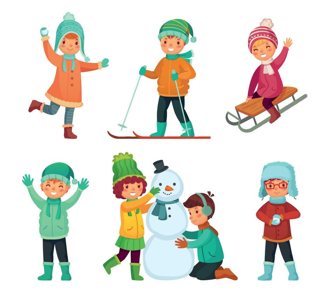 dibujos animados invierno niños. niños jugar en inviernos día festivo, trineo y haciendo muñeco de nieve. para niños caracteres vector conjunto