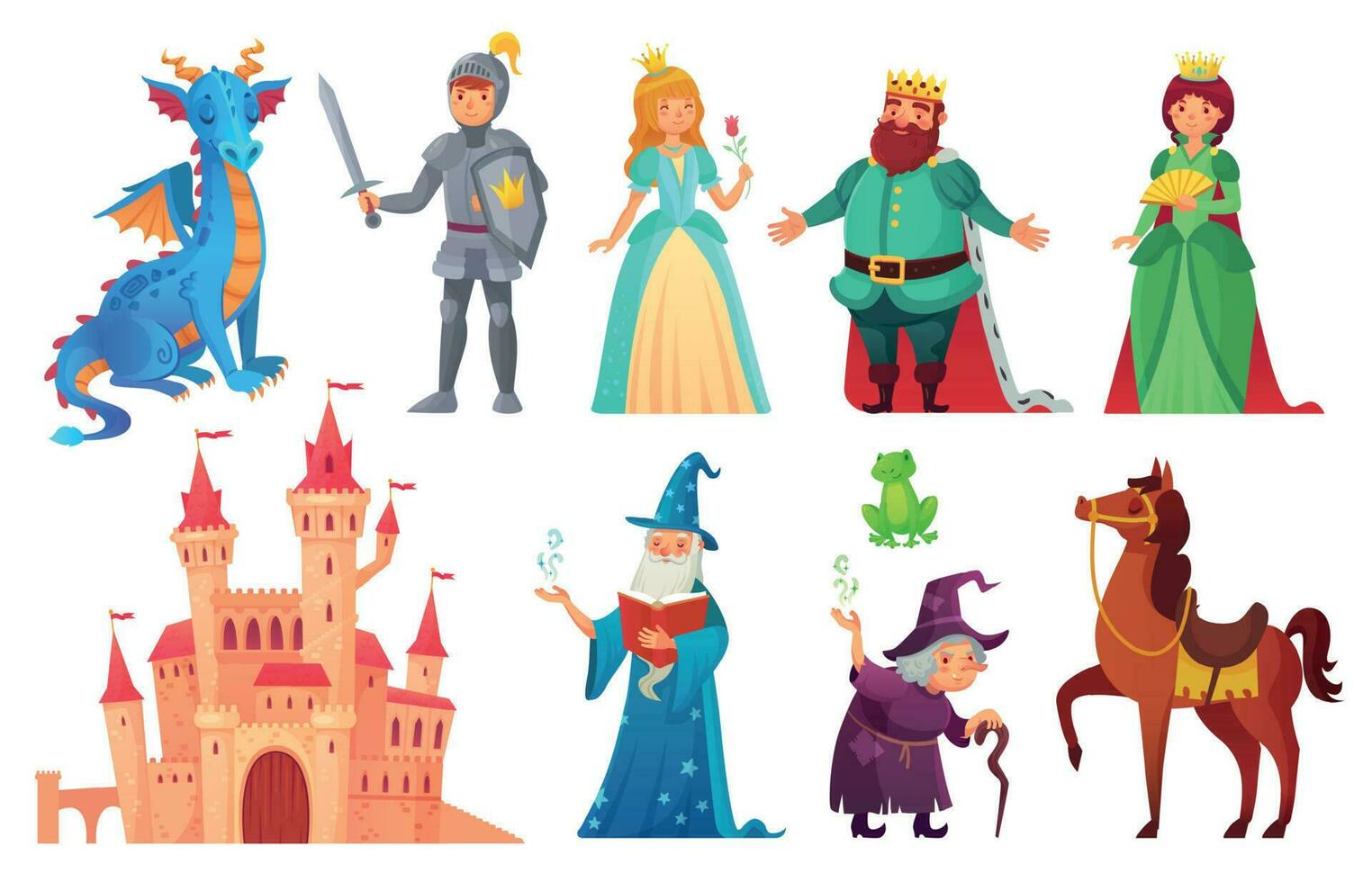 Fairy tales characters. Fantasy knight and dragon, prince and princess, magic world queen and king isolated cartoon vector set