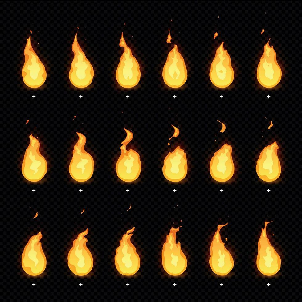 Fire animation. Flaming flame, fiery blaze and animated blazing fire flames isolated vector animations frames