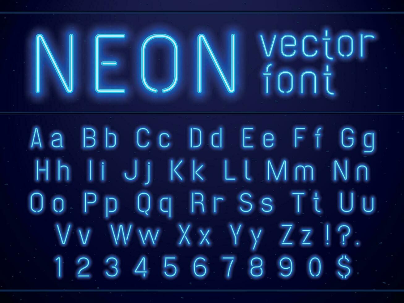 Bright glowing blue neon alphabet letters and numbers font. Nightlife entertainments, modern bars, casino illuminated vector signs