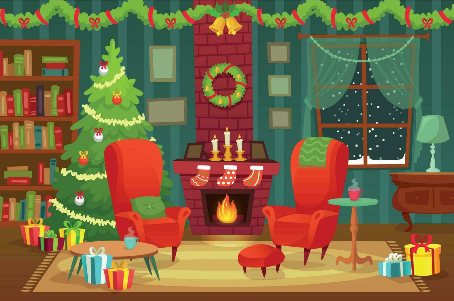 Decorated christmas room. Winter holiday interior decorations, armchair near fireplace and xmas tree vector background illustration