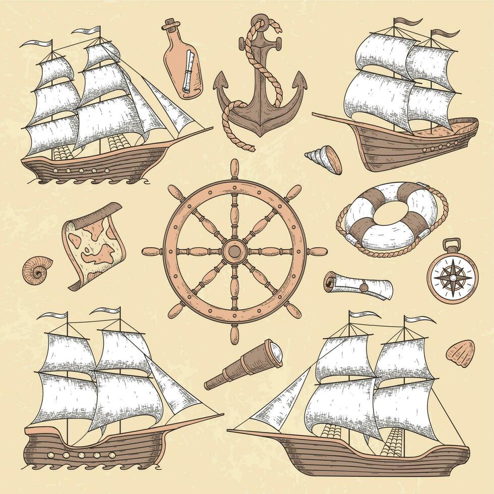 Vintage marine ships. Old cartouche frame, ship anchor and sea wheel with ancient compass. Ocean sailboat retro vector illustration