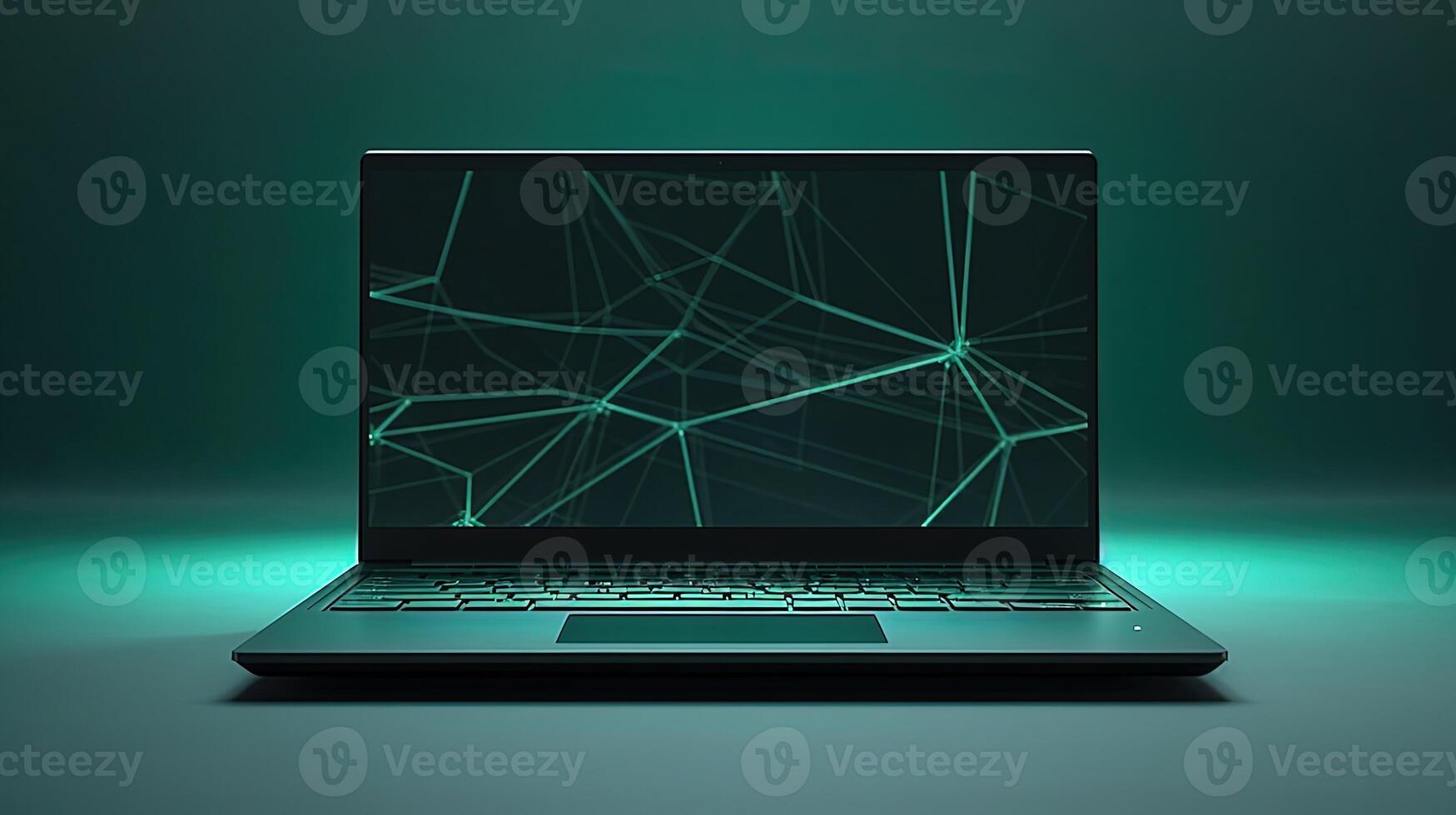 Notebook Computer or Laptop with Polygon Lines in Screen on Green Background, Created By Technology. photo