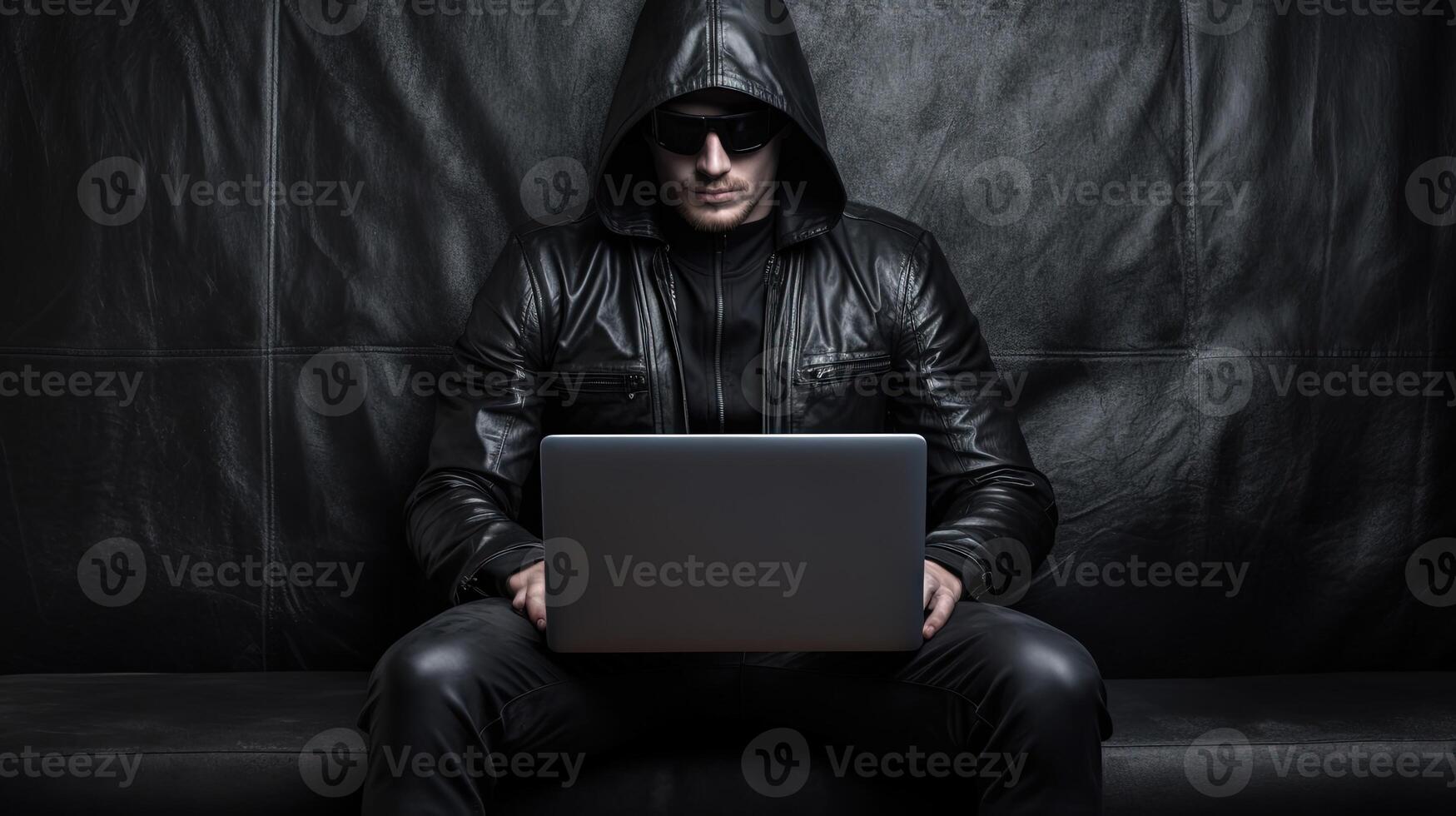 Portrait of Causation Young Man Wearing Goggles with Black Leather Jacket and Working on Laptop on Sofa. . photo