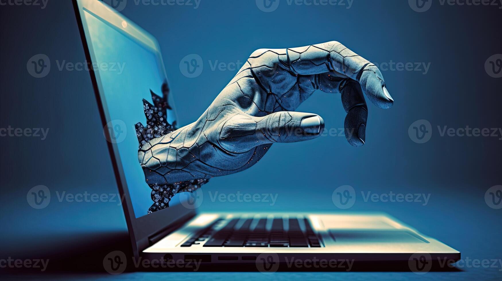 Advance Futuristic Technology Concept with Abstract Style Human Hand Coming Out from Laptop Screen, Blue Background. Generative AI. photo