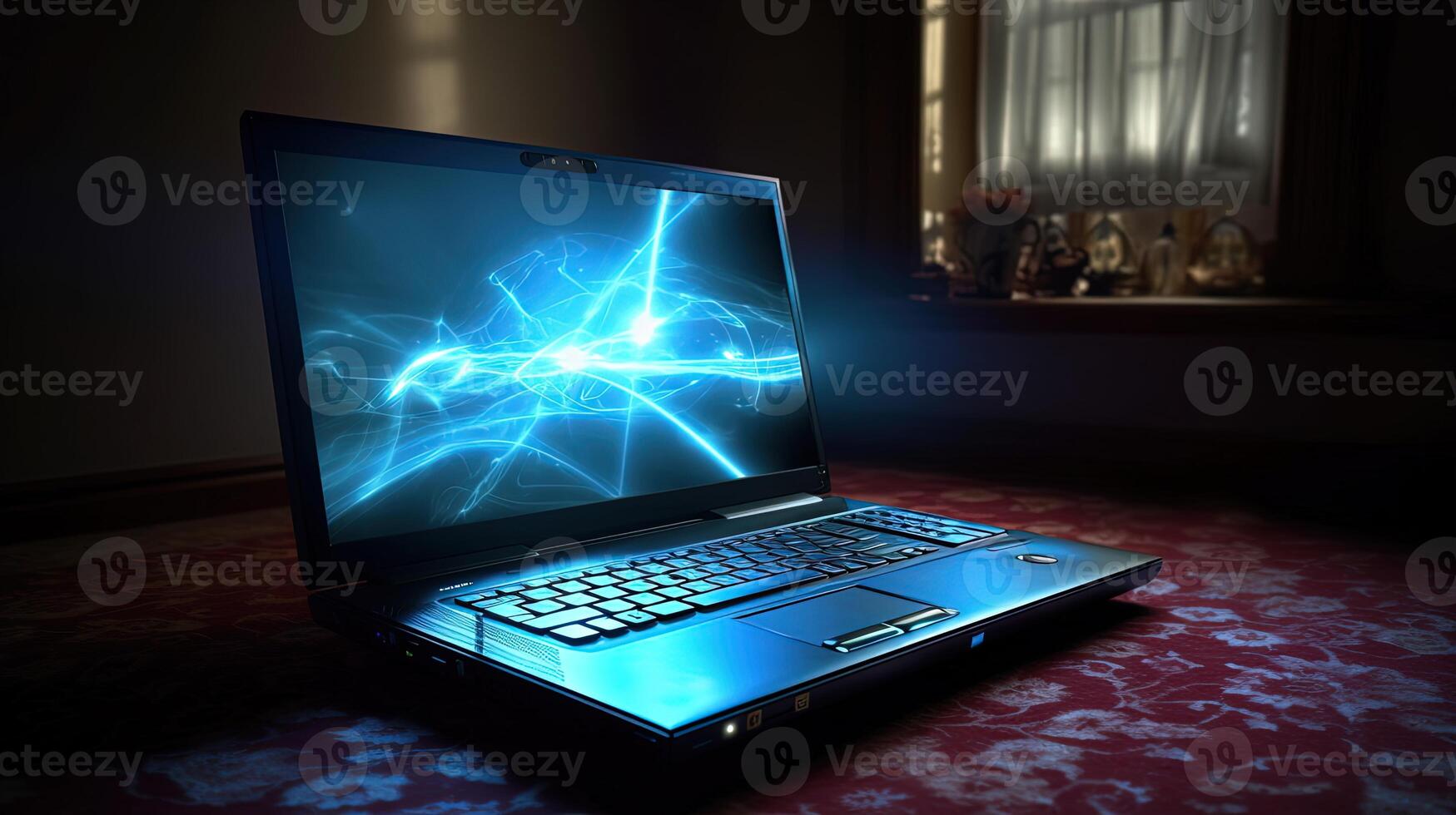cuaderno computadora o ordenador portátil con iluminado pantalla de resumen estilo. creado por generativo ai tecnología. foto
