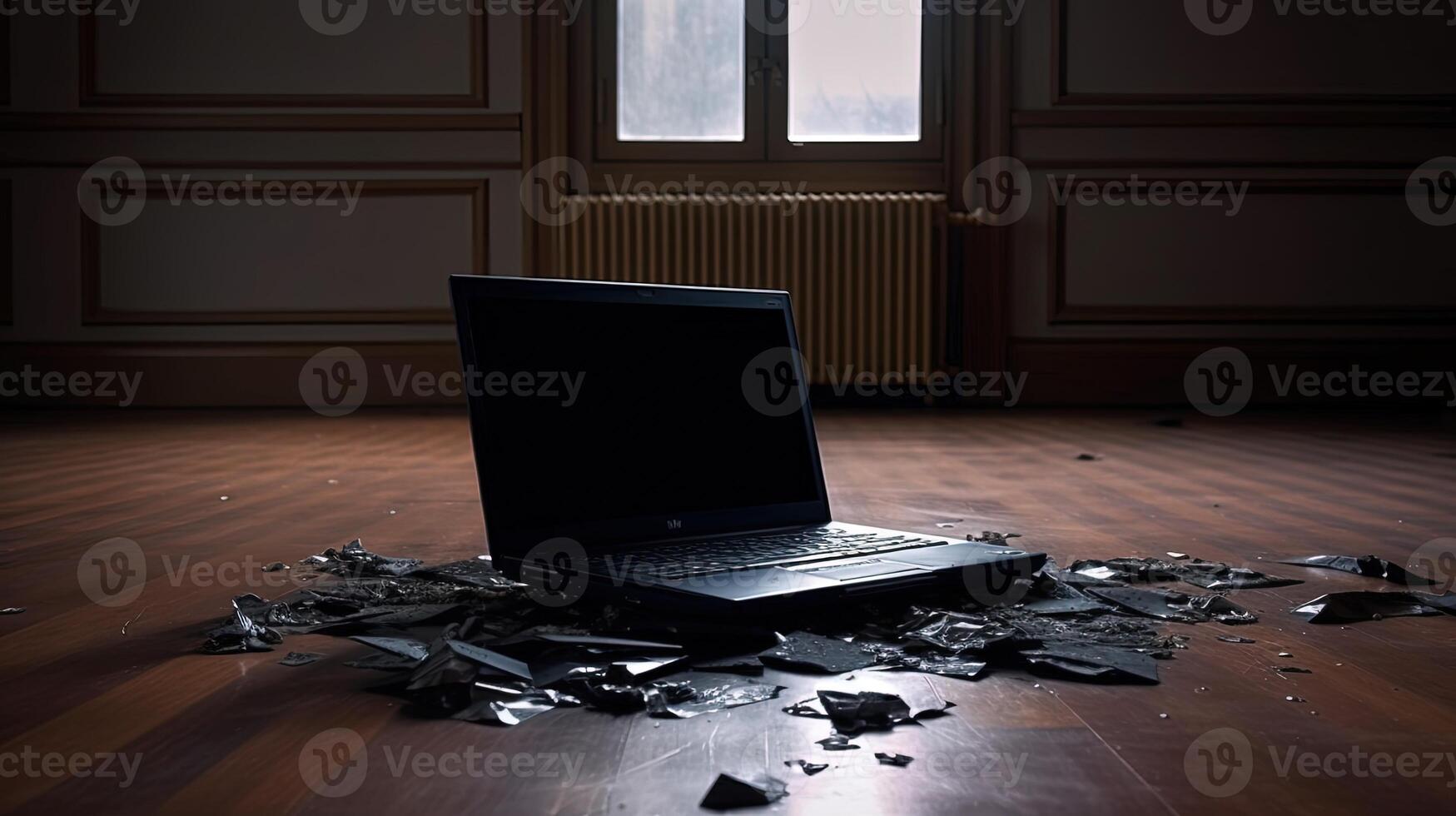 Unbreakable Candid Mockup of Black Laptop on Wooden Room Floor. Advanced Technology Digital Device Created By . photo