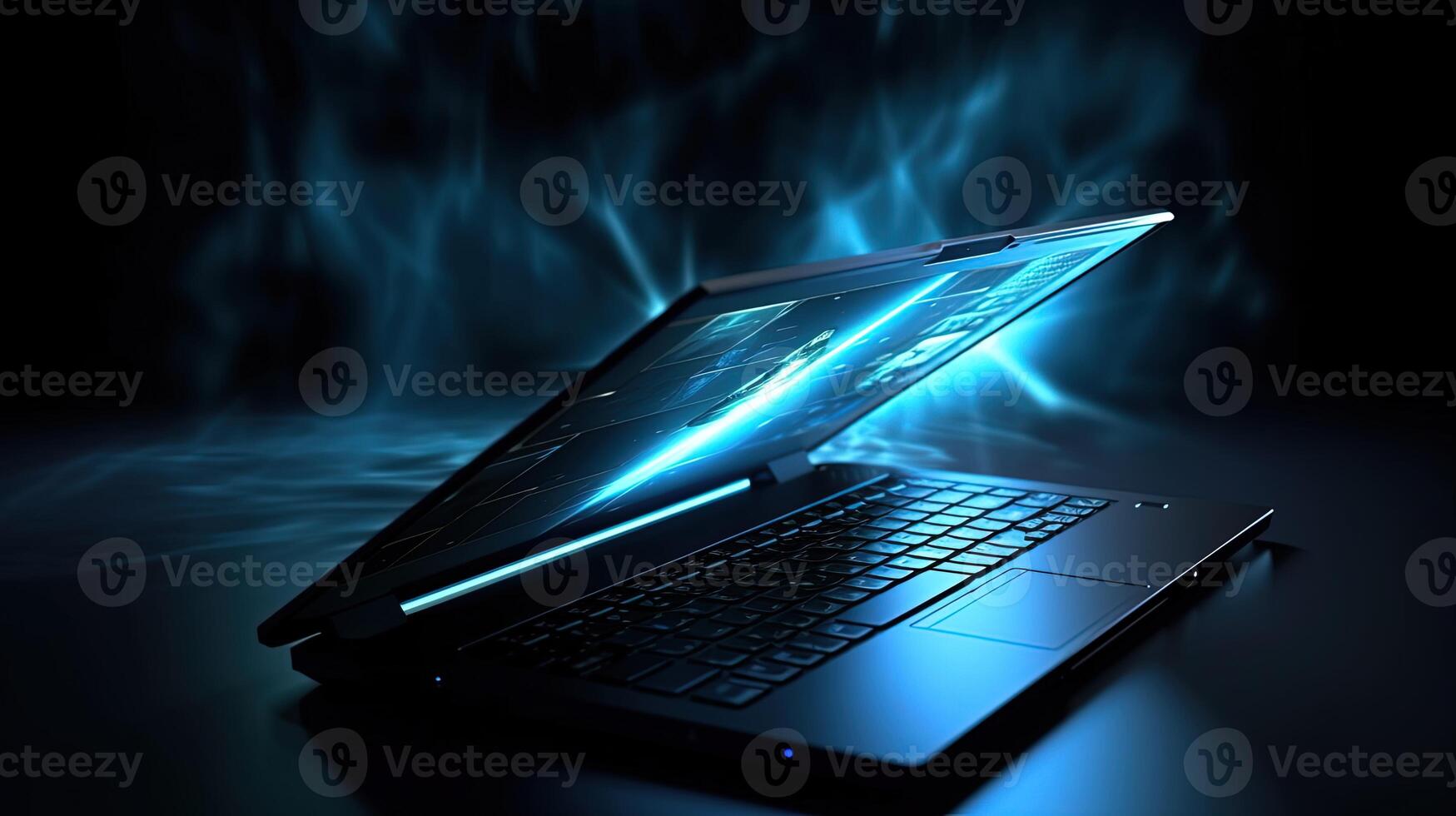 Luminous Connectivity Notebook Computer or Laptop with Illuminated Screen of Abstract Style. Created By Technology. photo