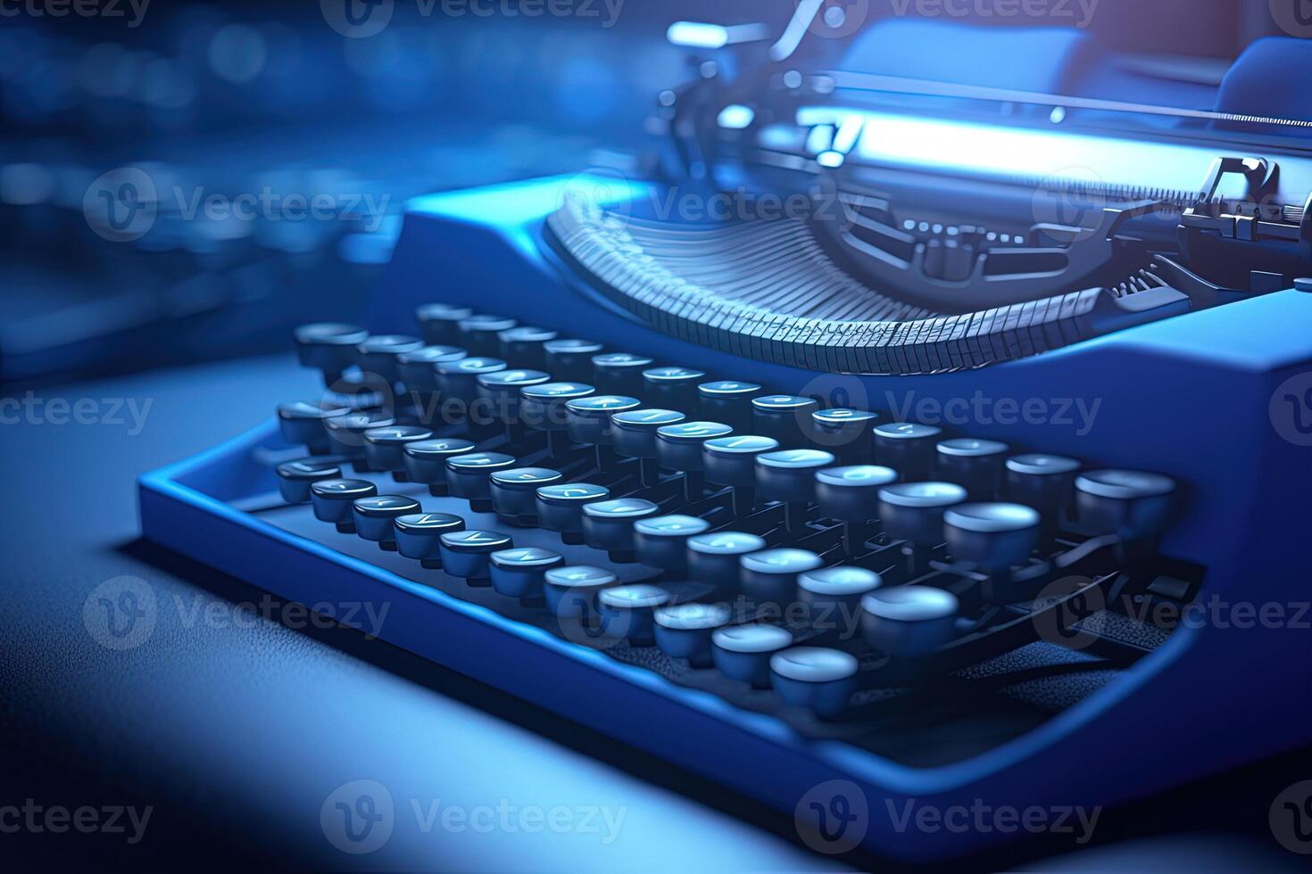 A Vintage Blue Typewriter at Shiny Background. Digital Technology. photo