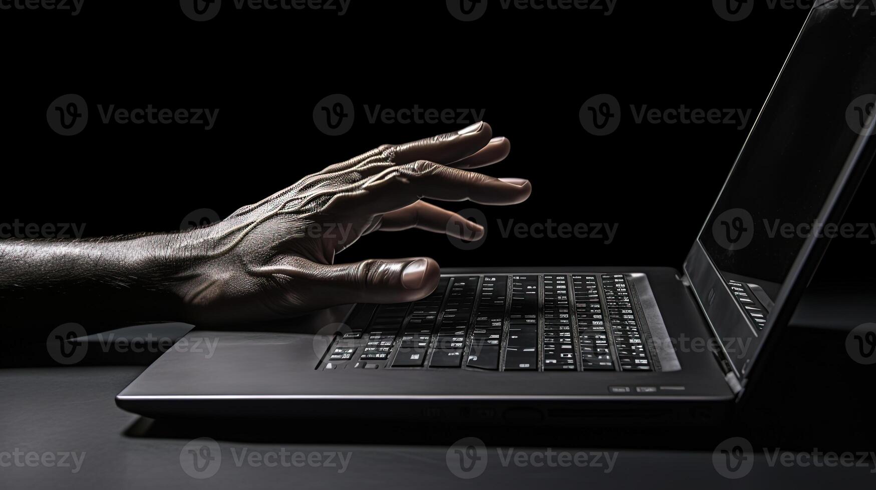 Closeup of Male Hand Using Laptop on Desk Illustration, Dark Background. . photo