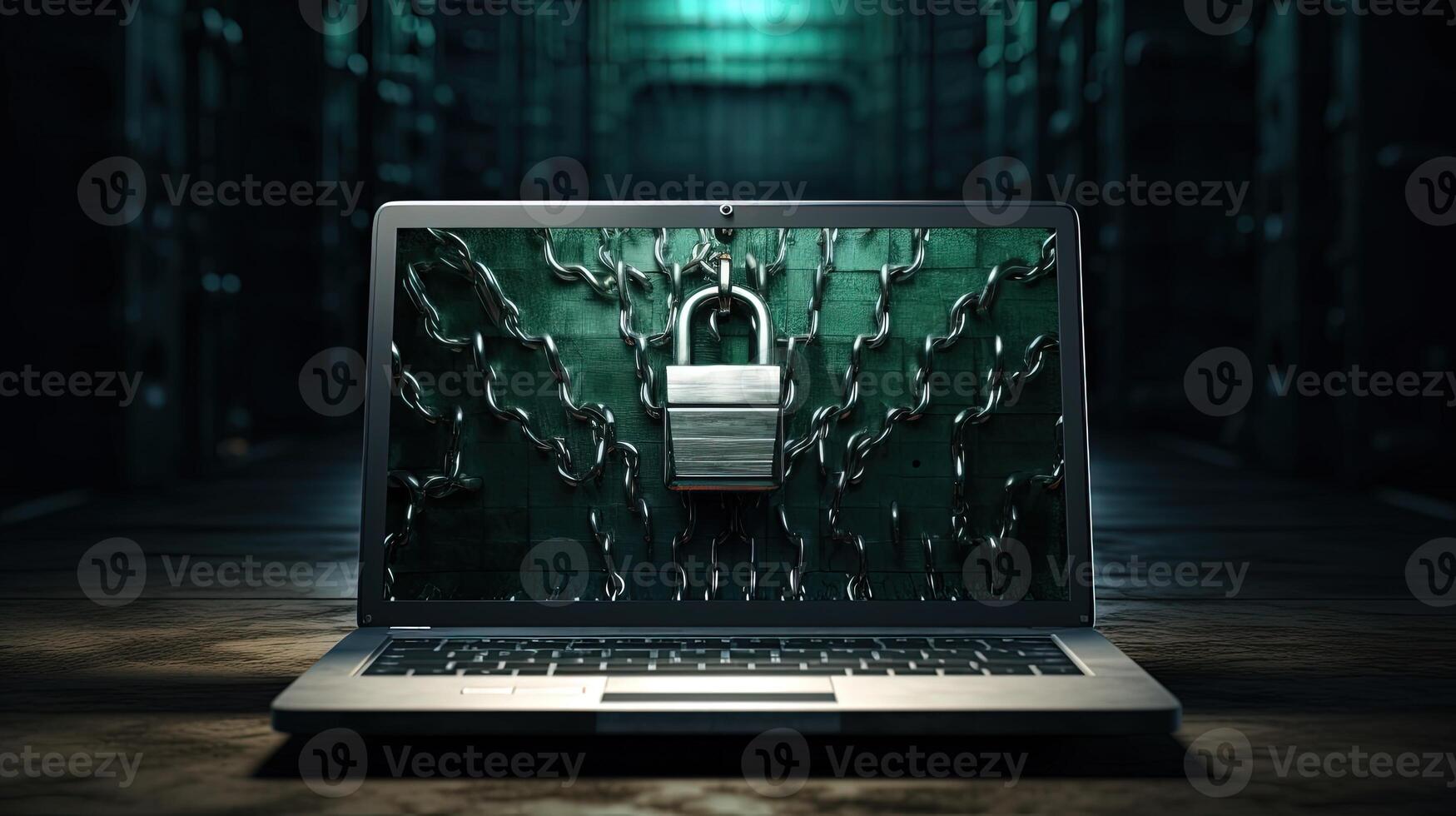 Notebook Computer Safety or Security Concept with Screen Lock of Laptop. Digital Futuristic Technology illustration. photo