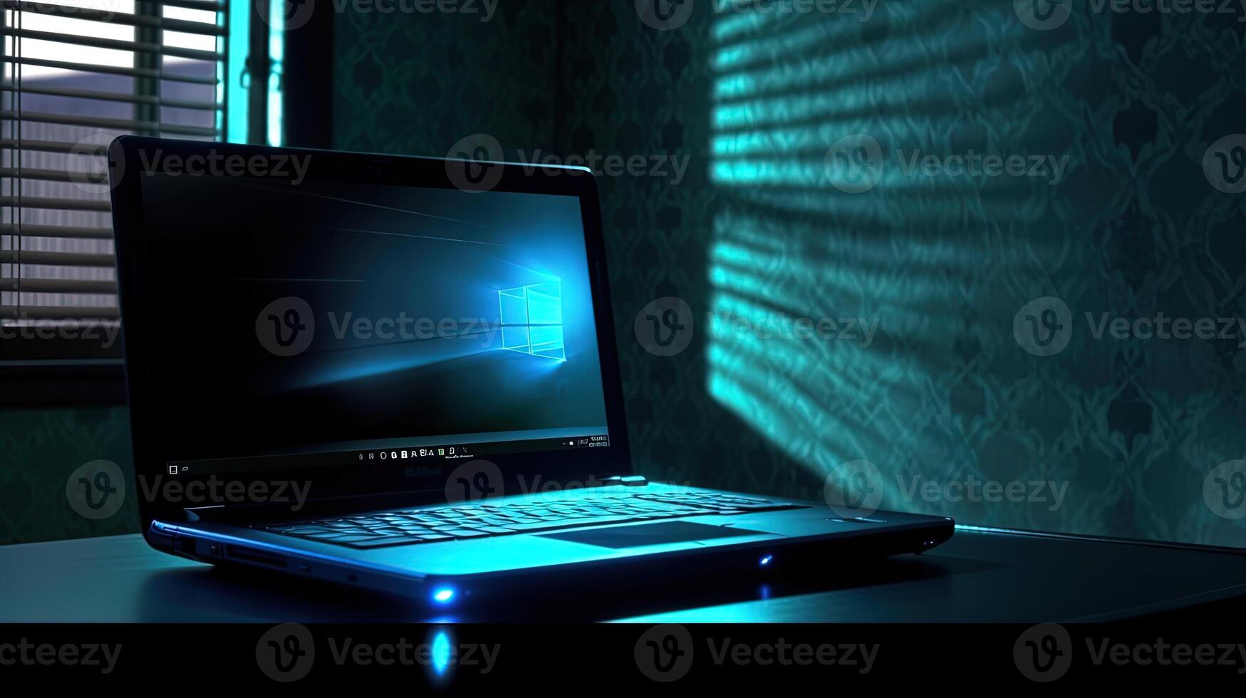 Luminous Notebook Computer or Laptop with Default Desktop on Dark Background, Created By Technology. photo