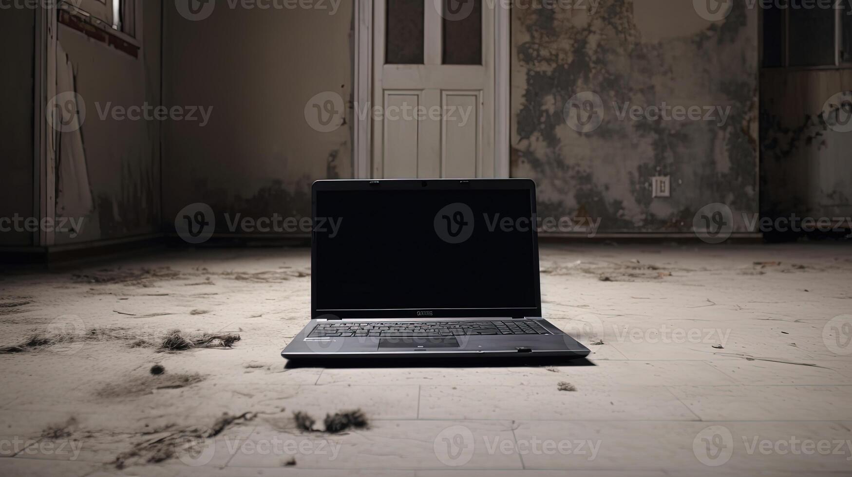 A Black Open Laptop on Abandoned Room Floor. . photo