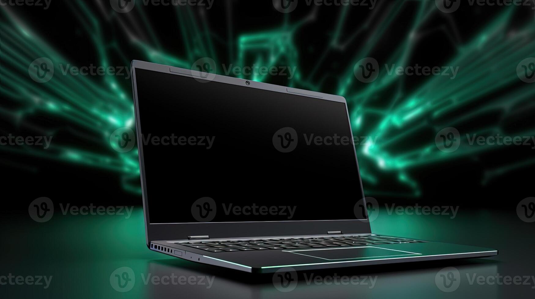 Black Notebook Computer or Laptop and Green Glowing Abstract Neon in Background, Created By Technology. photo